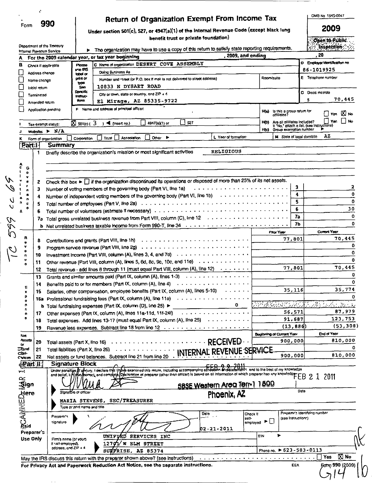 Image of first page of 2009 Form 990 for Desert Cove Assembly