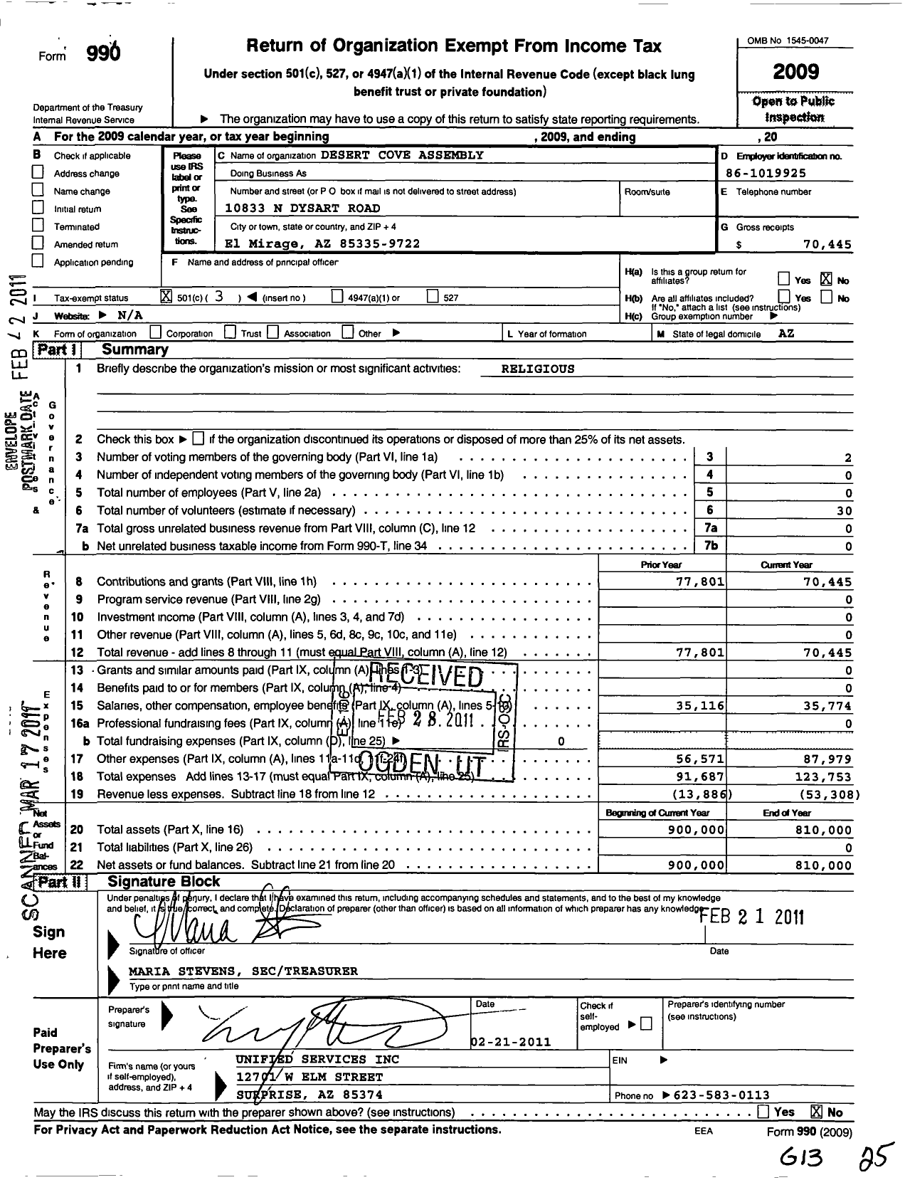 Image of first page of 2009 Form 990 for Desert Cove Assembly