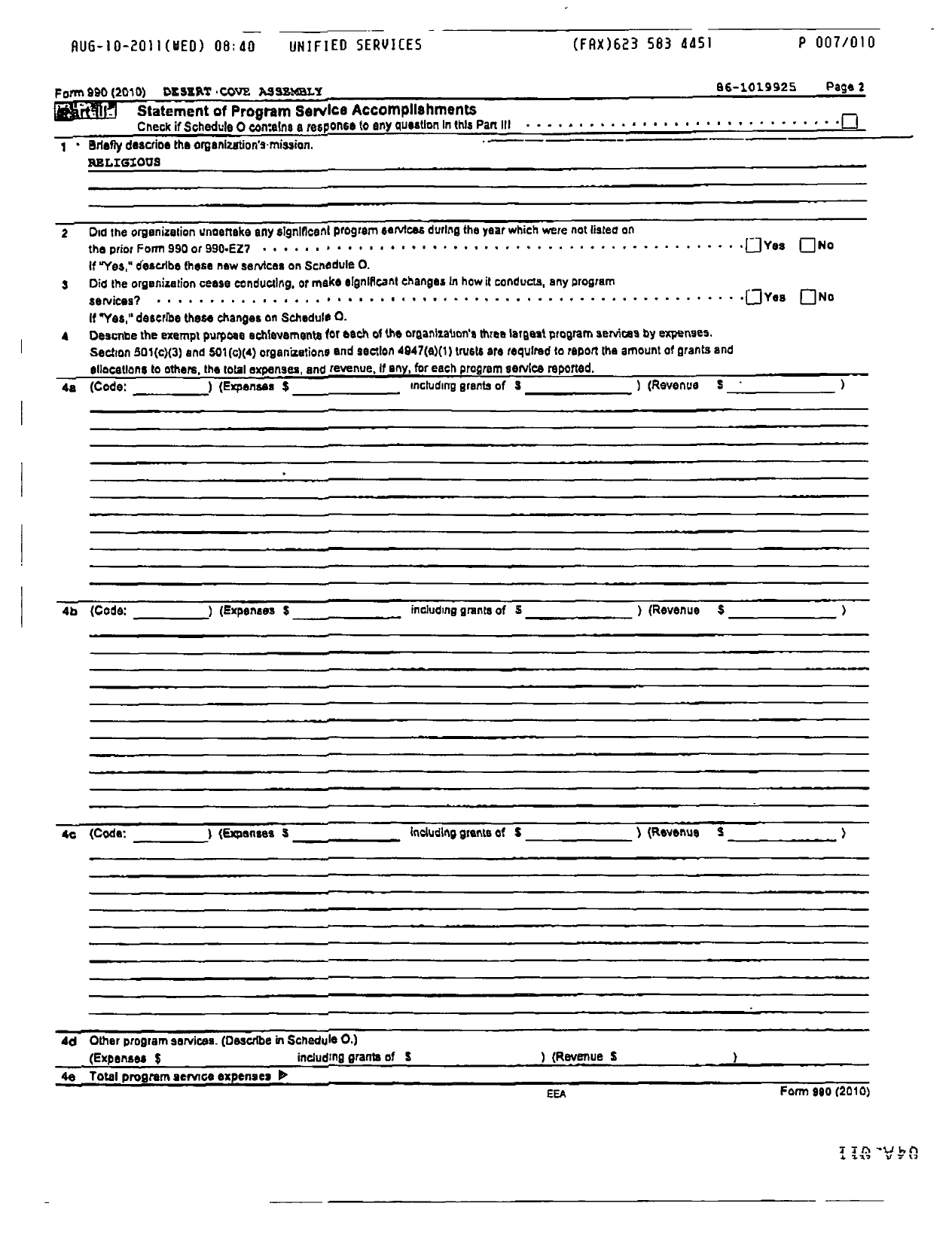 Image of first page of 2010 Form 990R for Desert Cove Assembly