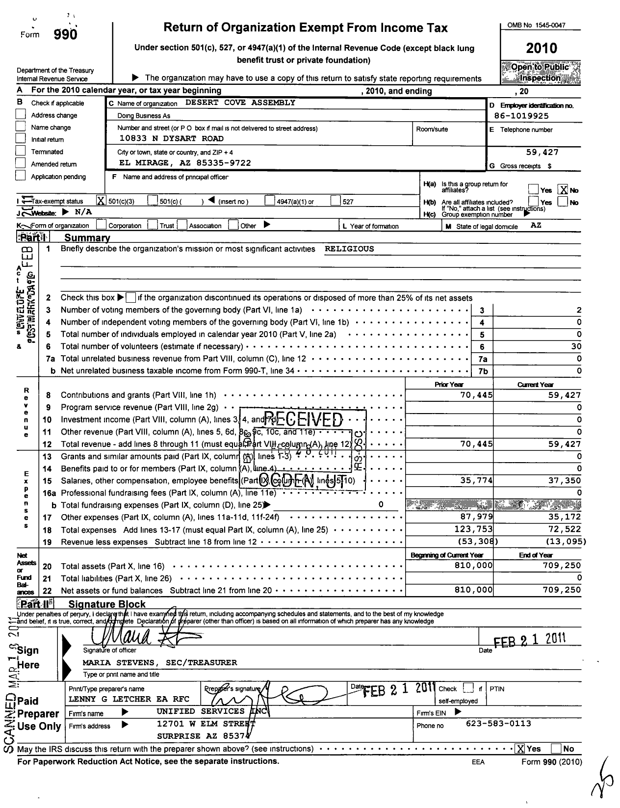 Image of first page of 2010 Form 990 for Desert Cove Assembly