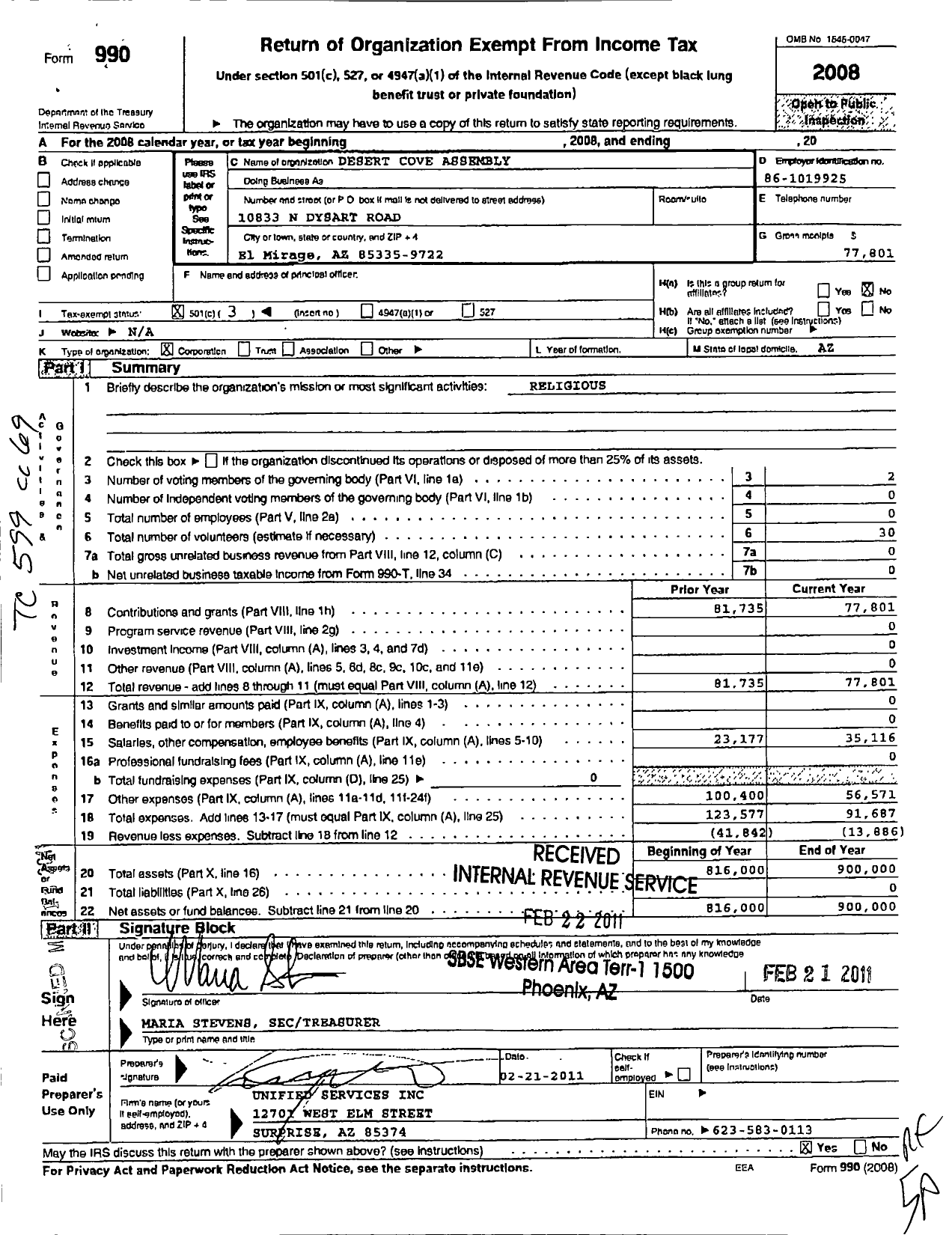 Image of first page of 2008 Form 990 for Desert Cove Assembly