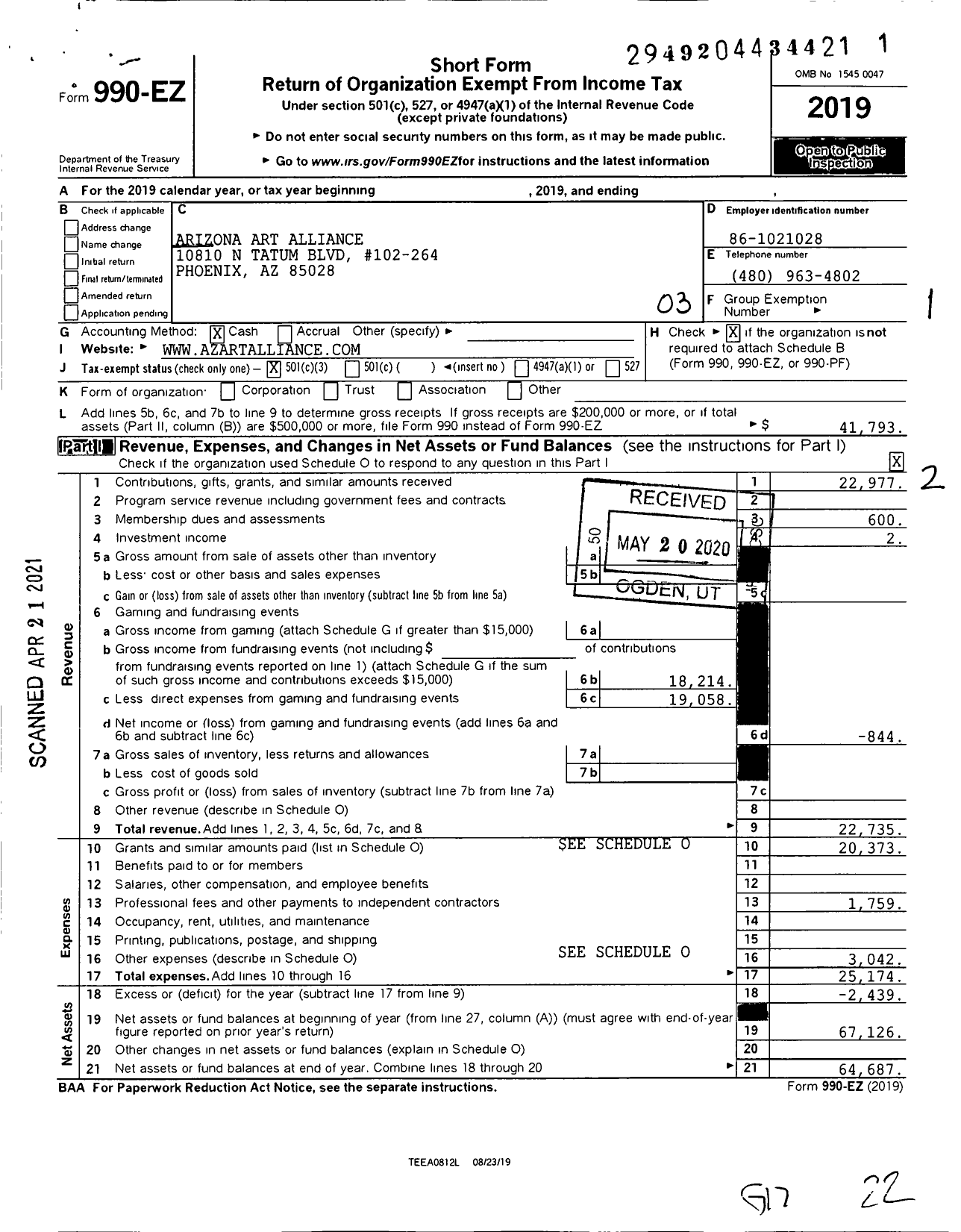 Image of first page of 2019 Form 990EZ for Arizona Art Alliance