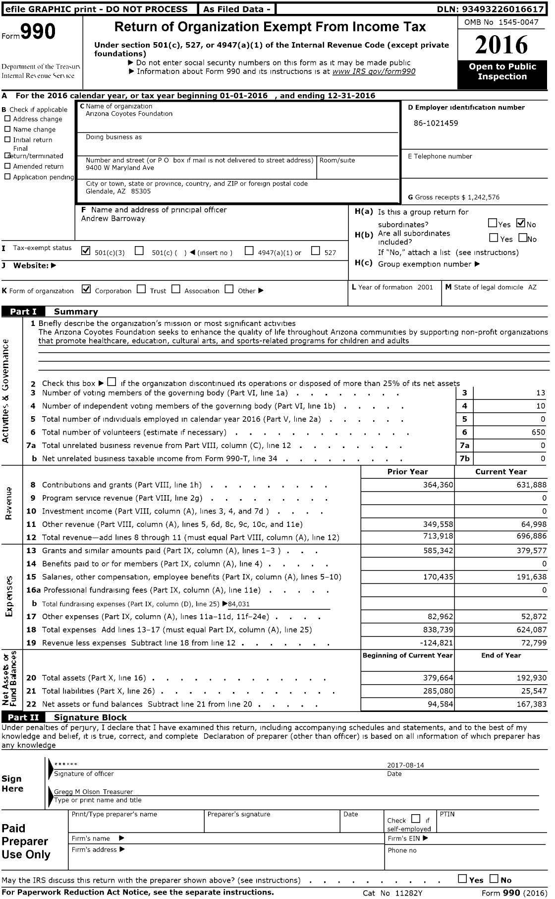 Image of first page of 2016 Form 990 for Arizona Coyotes Foundation
