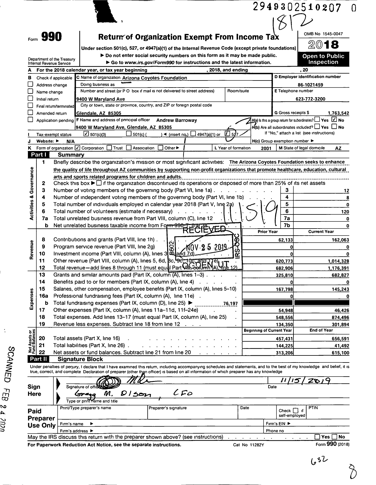 Image of first page of 2018 Form 990 for Arizona Coyotes Foundation