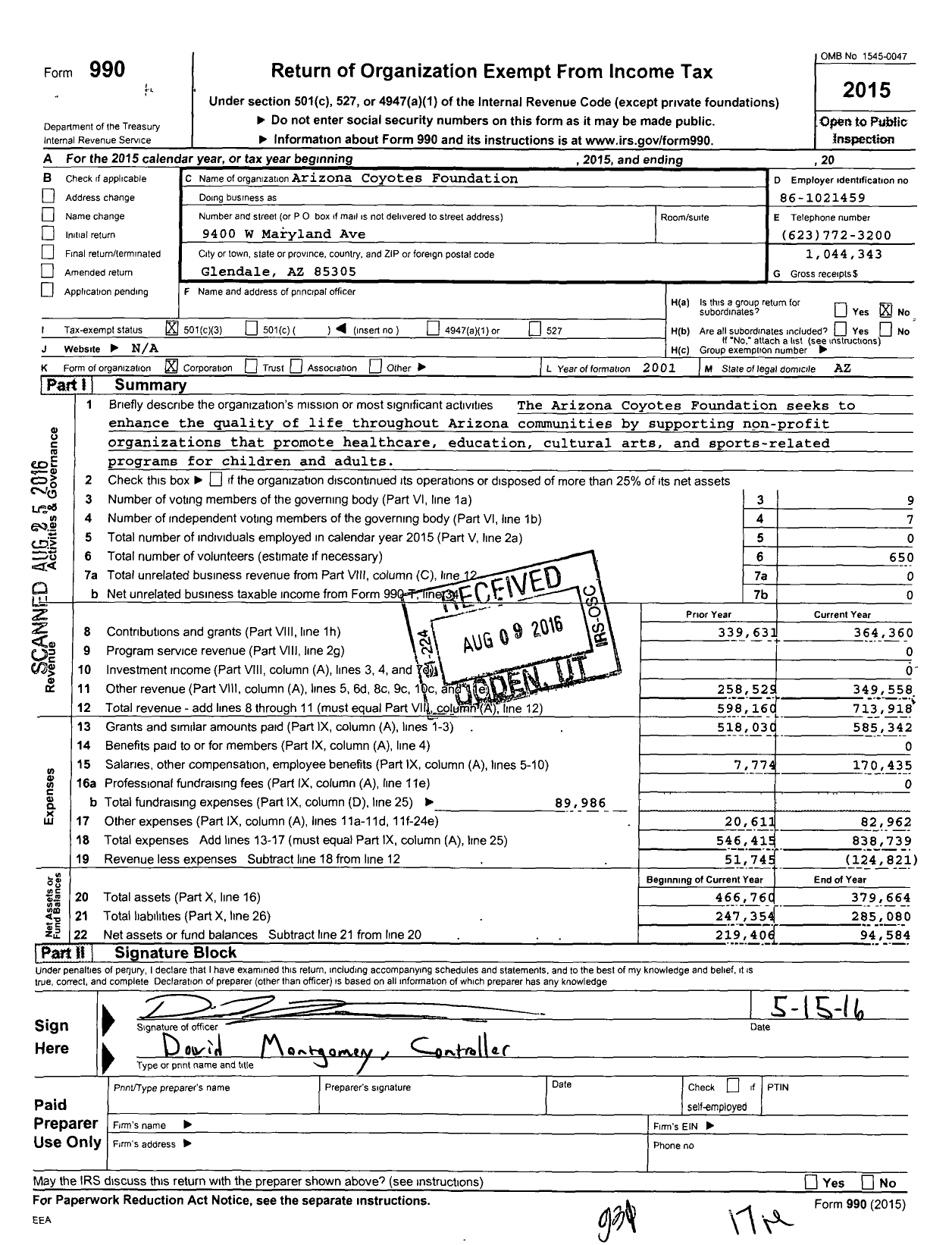 Image of first page of 2015 Form 990 for Arizona Coyotes Foundation