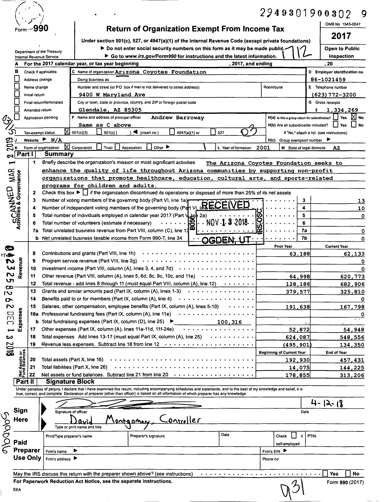 Image of first page of 2017 Form 990 for Arizona Coyotes Foundation
