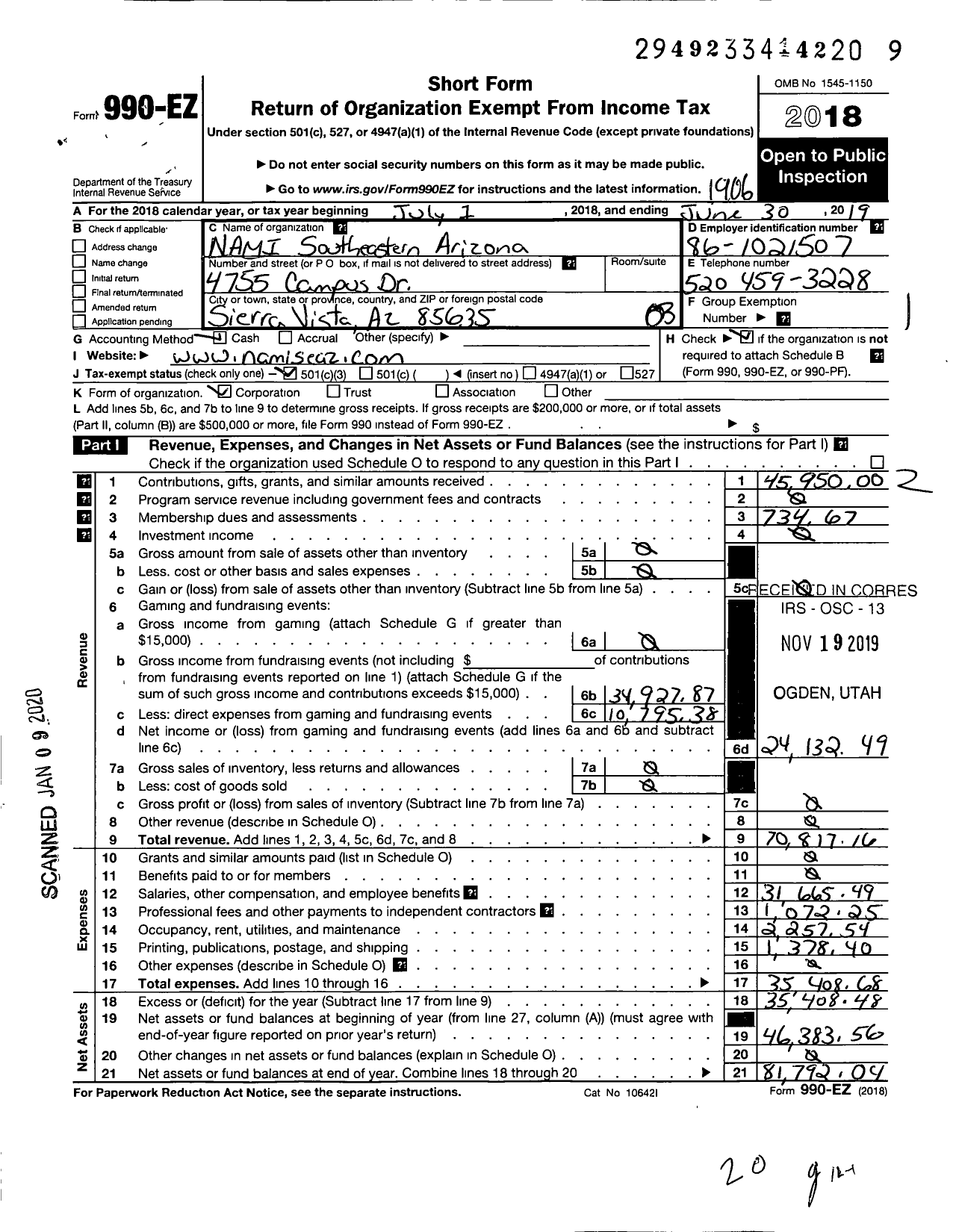 Image of first page of 2018 Form 990EZ for NAMI Southeastern Arizona