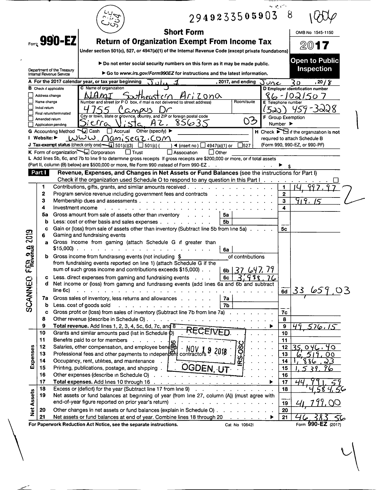 Image of first page of 2017 Form 990EZ for NAMI Southeastern Arizona