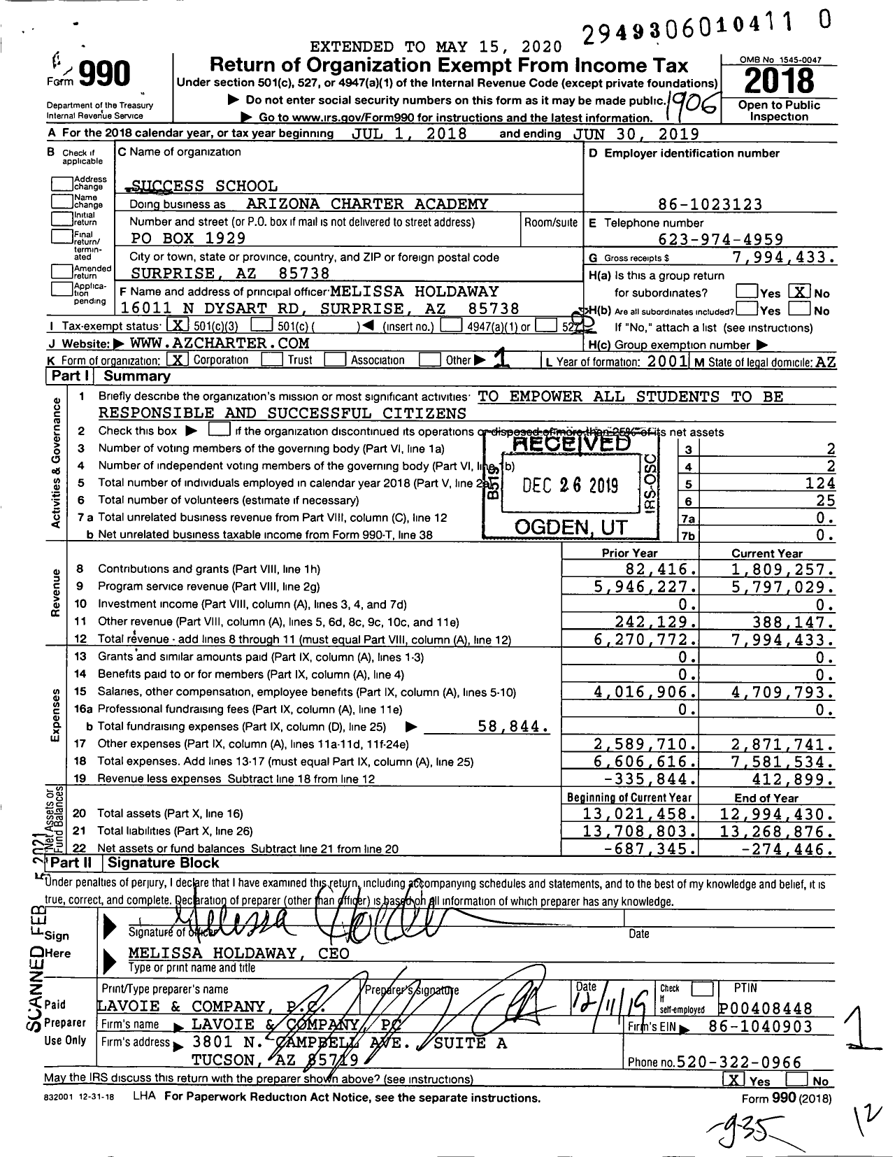 Image of first page of 2018 Form 990 for Arizona Charter Academy