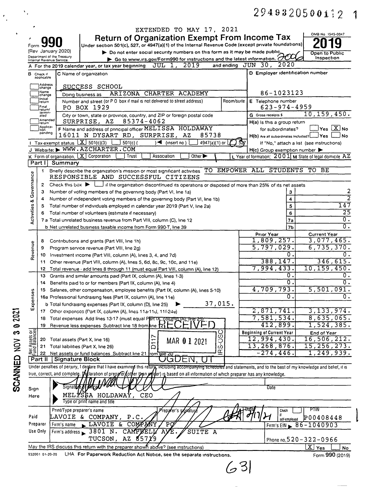 Image of first page of 2019 Form 990 for Arizona Charter Academy
