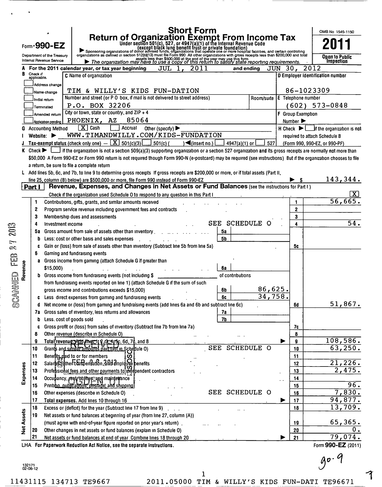 Image of first page of 2011 Form 990EZ for Tim and Willys Kids Fun-Dation