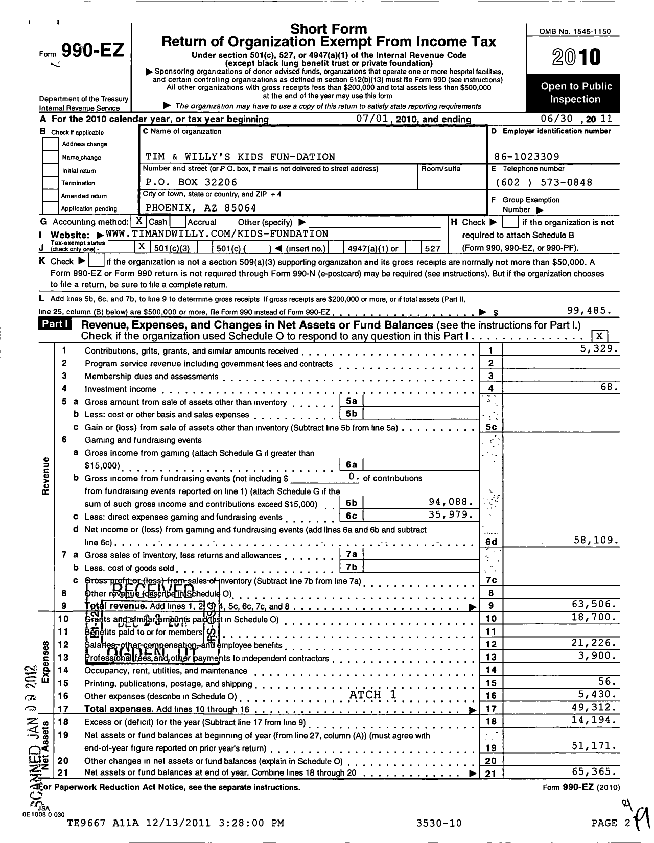 Image of first page of 2010 Form 990EZ for Tim and Willys Kids Fun-Dation