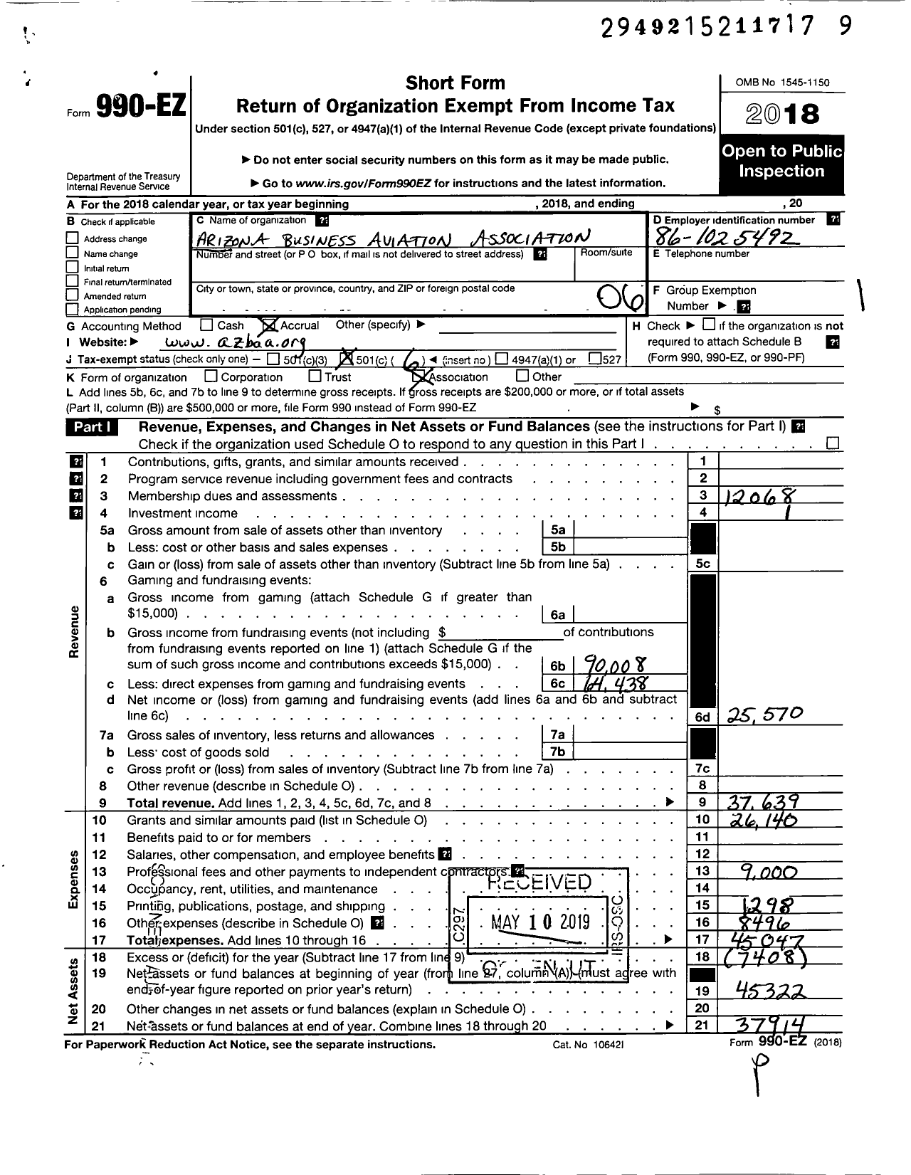 Image of first page of 2018 Form 990EO for Arizona Business Aviation Association