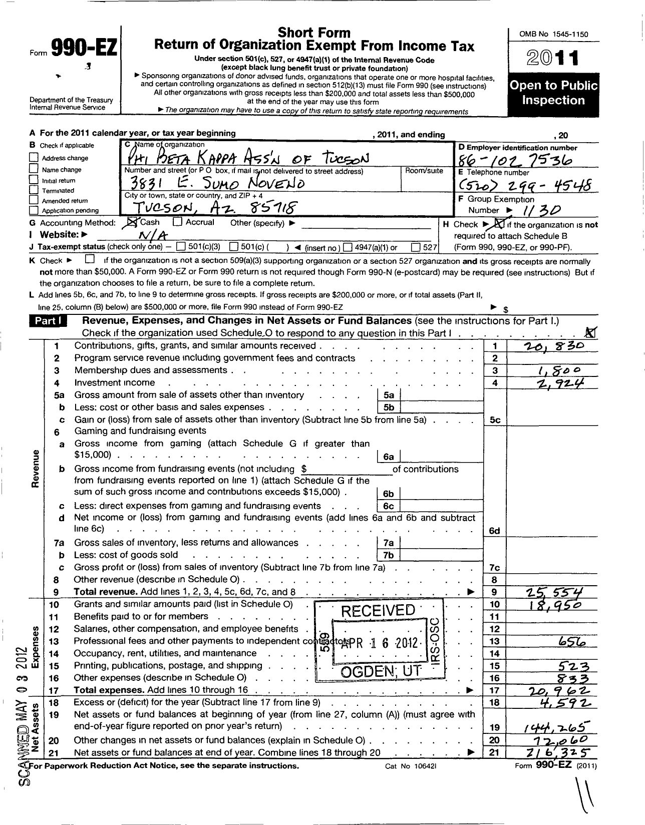 Image of first page of 2011 Form 990EO for Phi Beta Kappa Society - Association of Greater Tucson