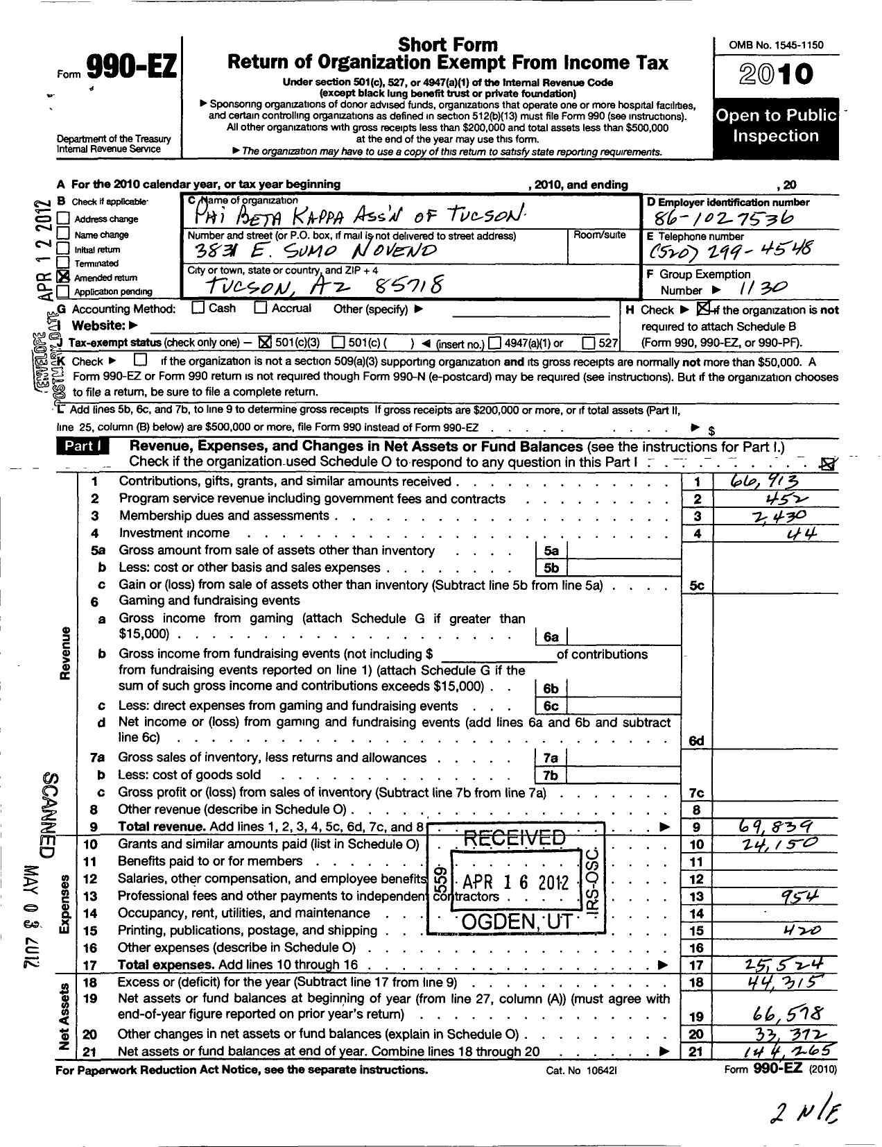 Image of first page of 2010 Form 990EZ for Phi Beta Kappa Society - Association of Greater Tucson