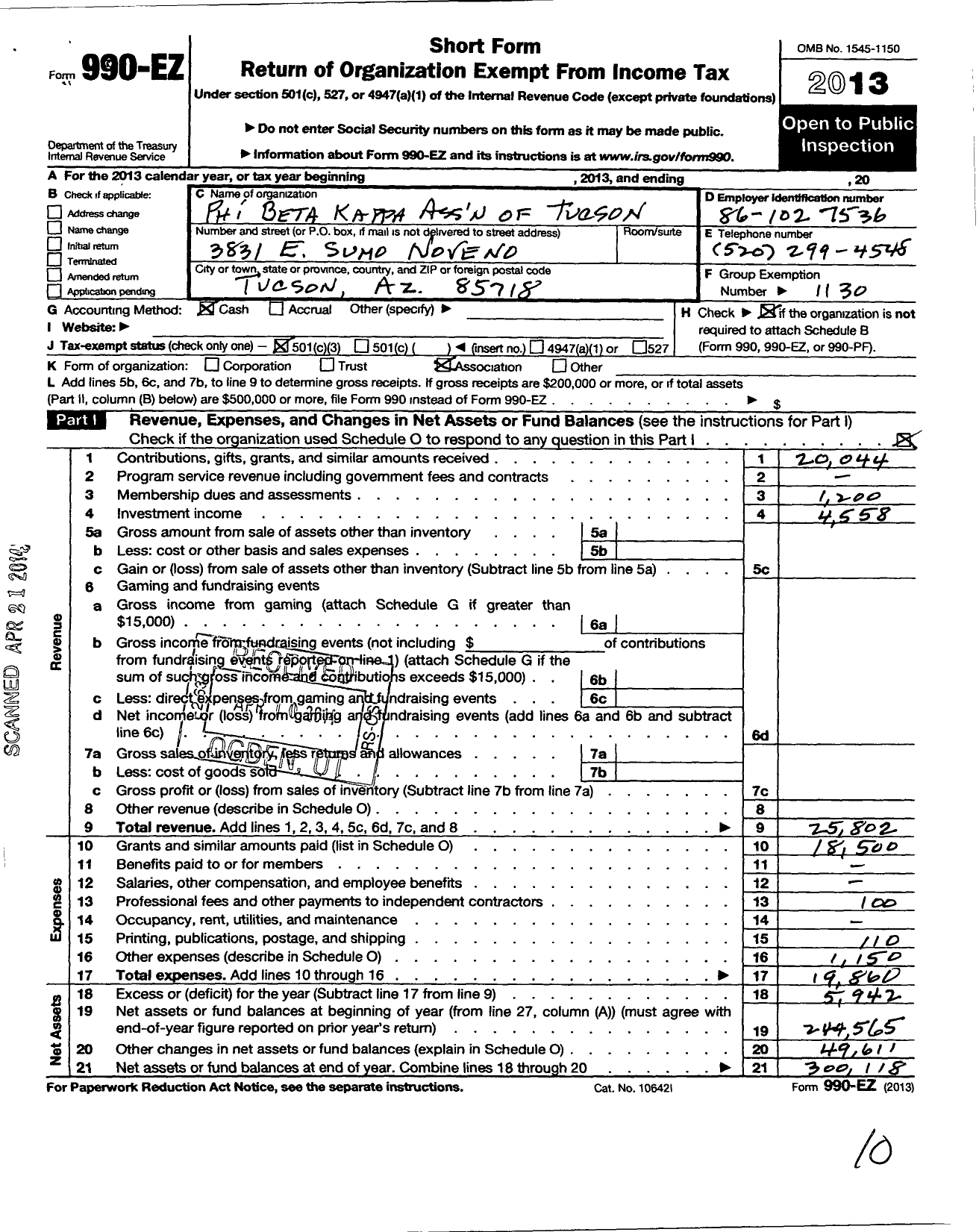 Image of first page of 2013 Form 990EZ for Phi Beta Kappa Society - Association of Greater Tucson