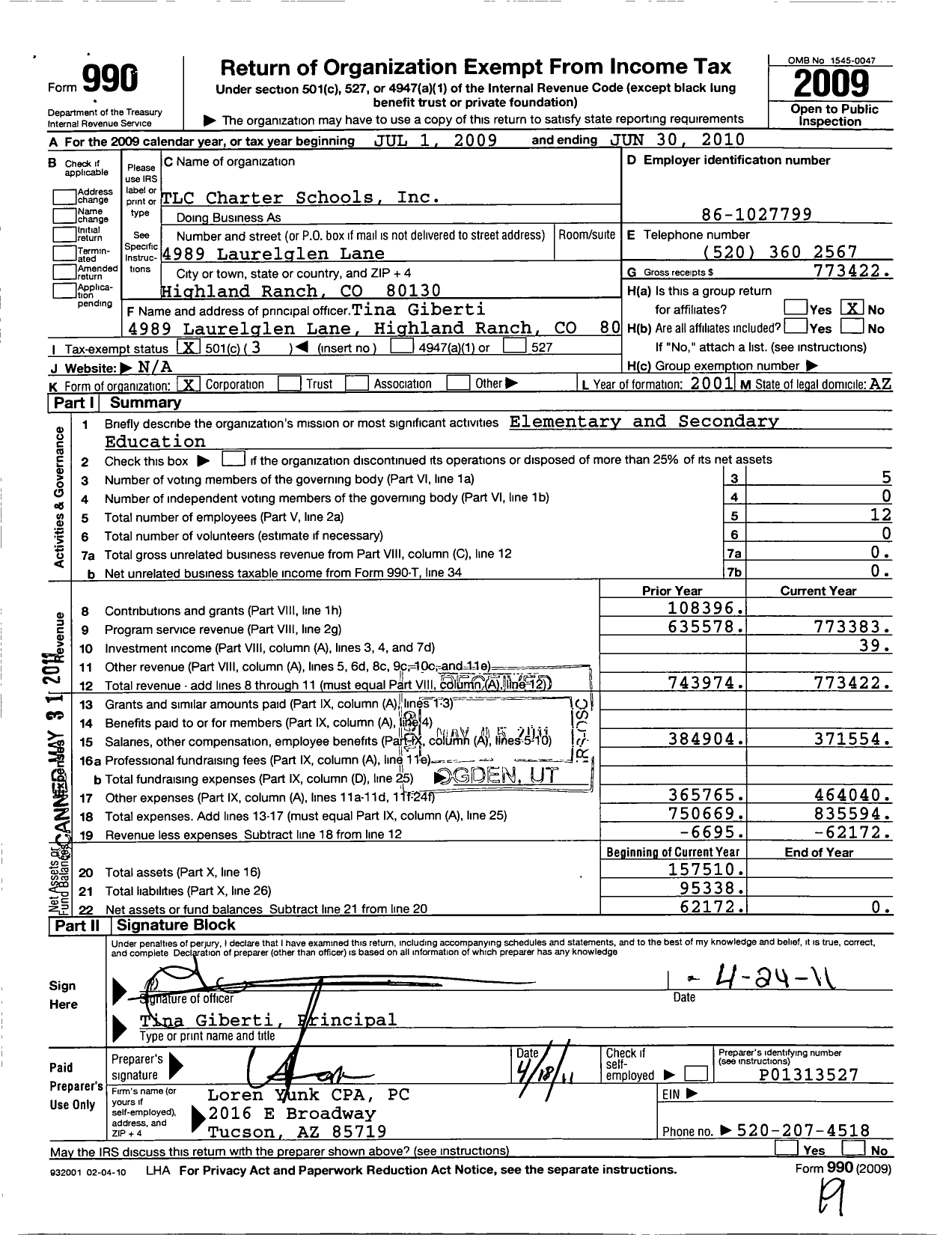 Image of first page of 2009 Form 990 for TLC Charter Schools