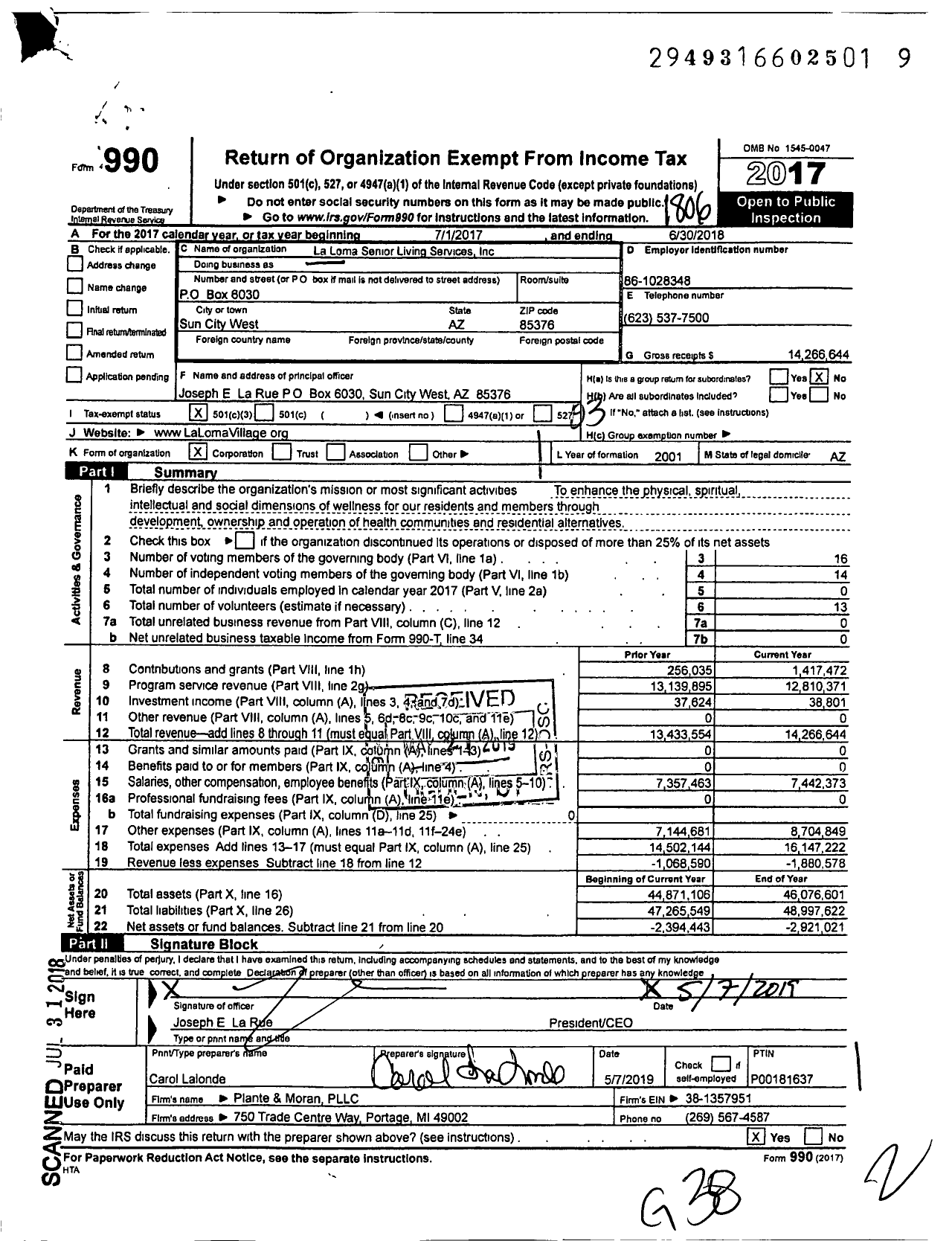 Image of first page of 2017 Form 990 for La Loma Senior Living