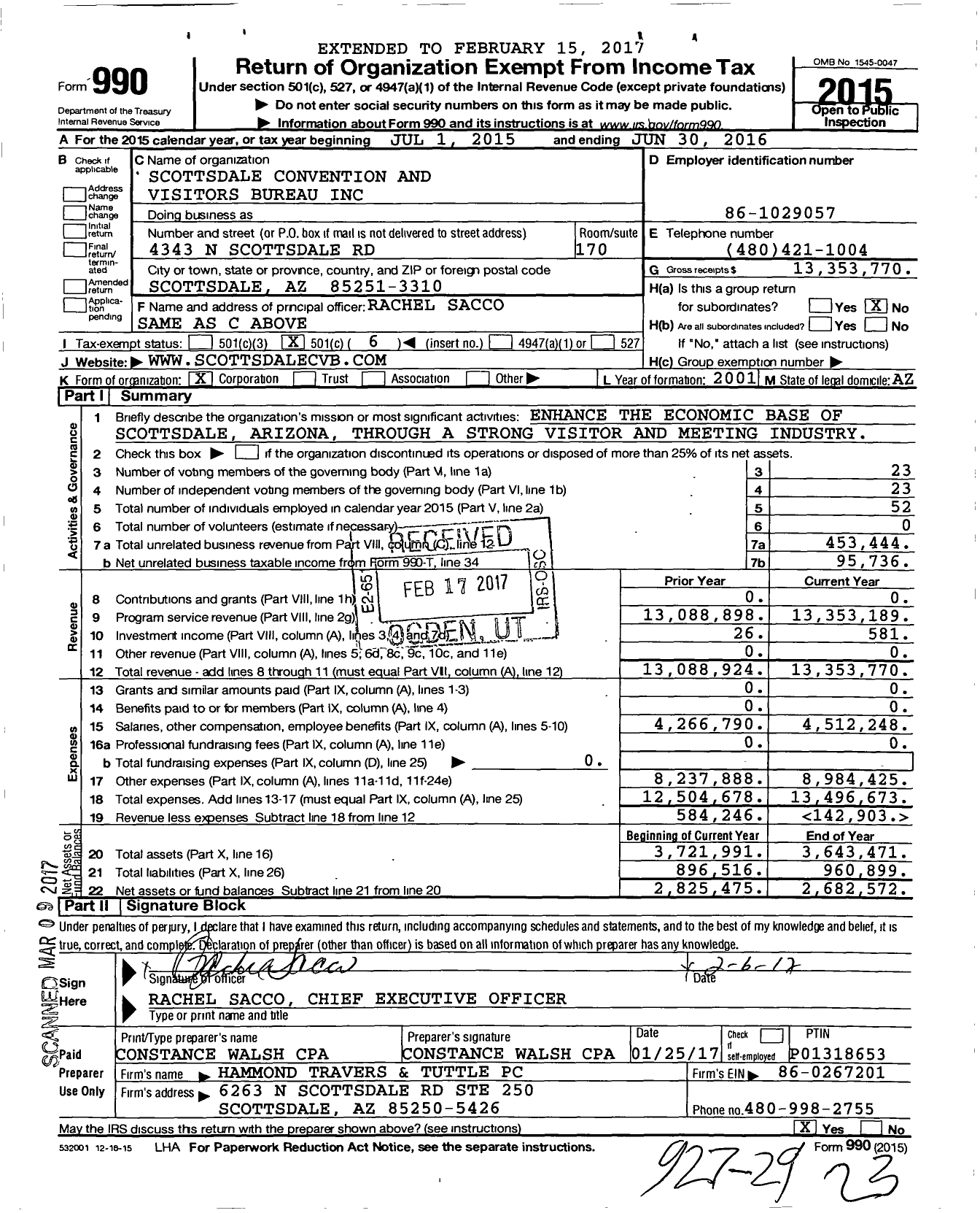 Image of first page of 2015 Form 990O for Scottsdale Convention and Visitors Bureau