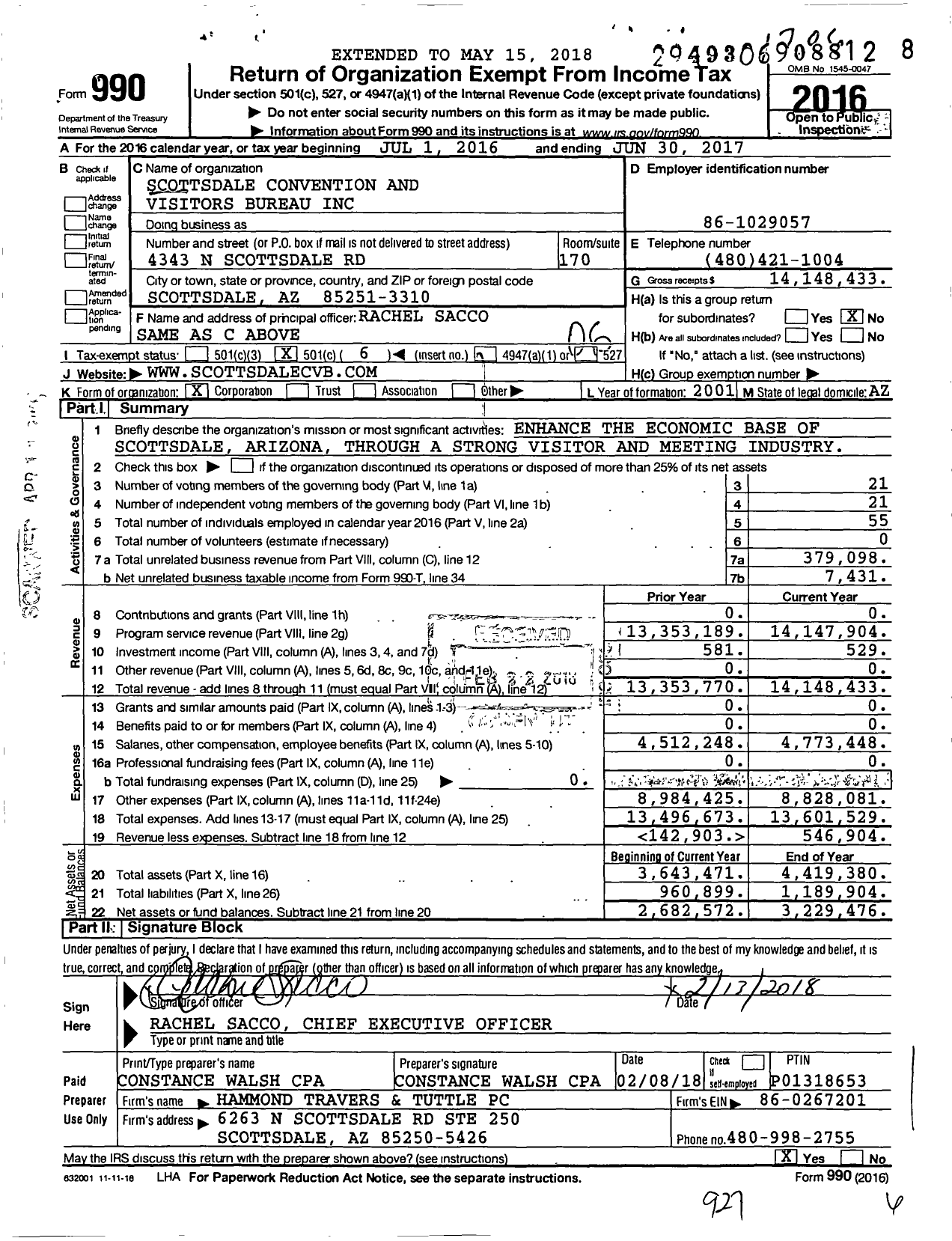 Image of first page of 2016 Form 990O for Scottsdale Convention and Visitors Bureau