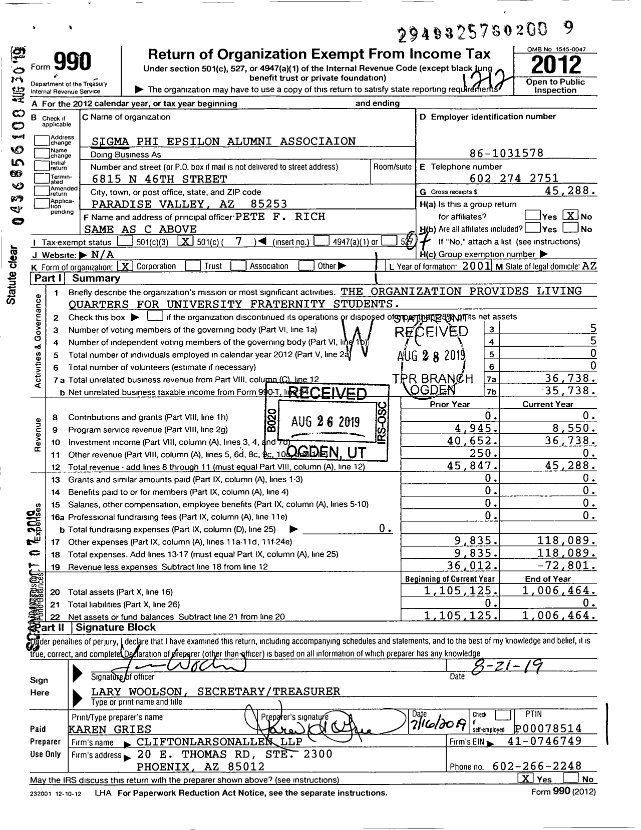 Image of first page of 2012 Form 990O for Arizona Beta of Sigma Phi Epsilon Alumni Association