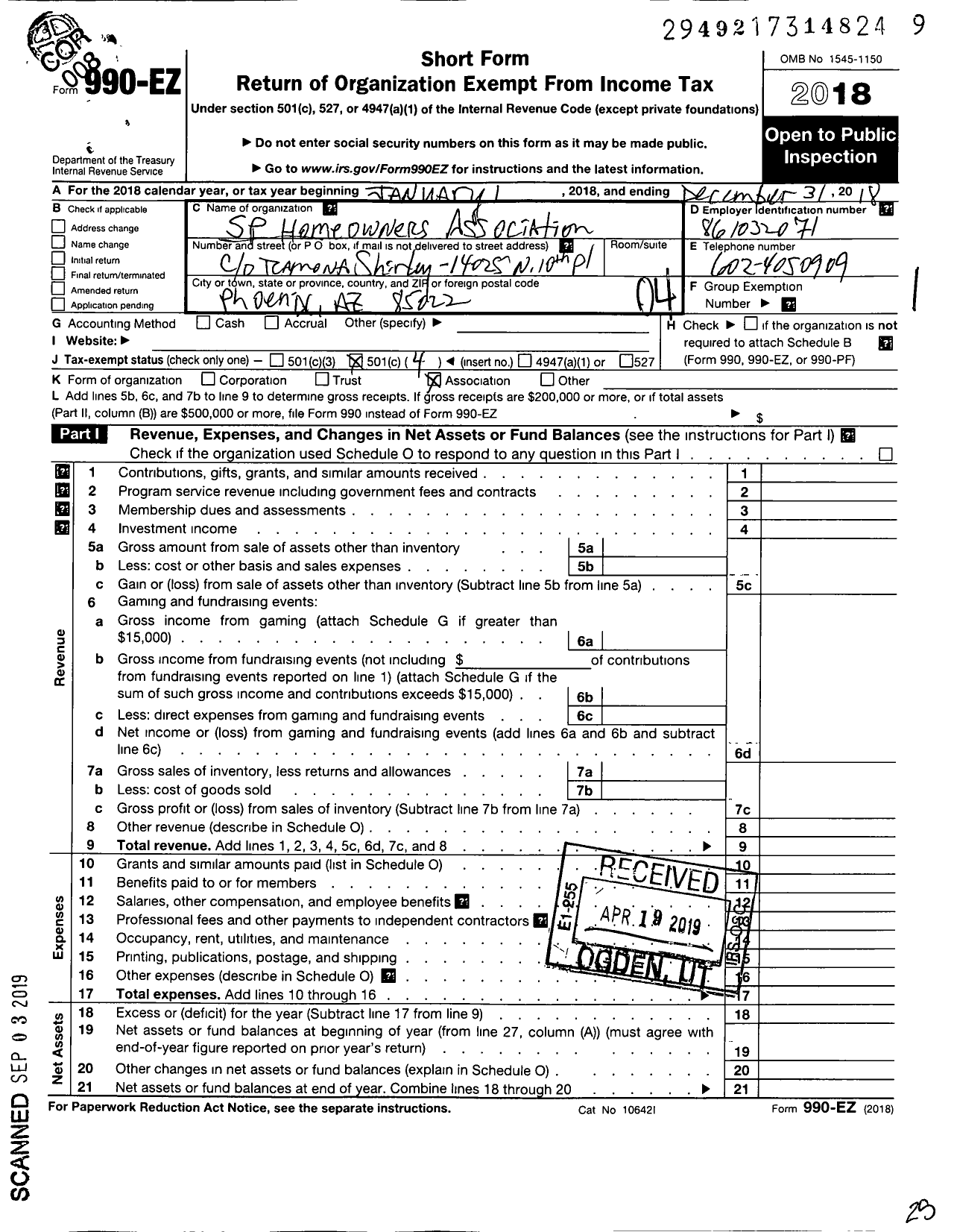 Image of first page of 2018 Form 990EO for SP Homeowners Association