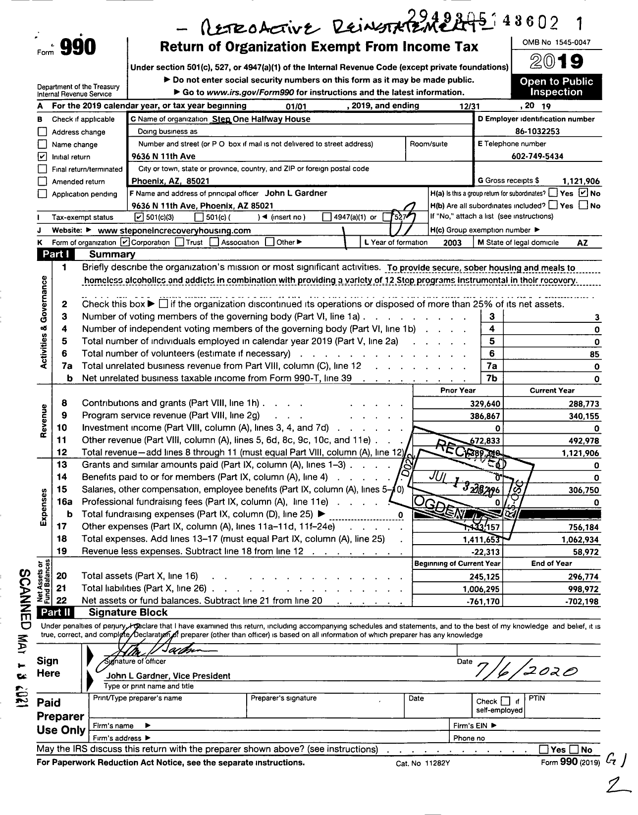 Image of first page of 2019 Form 990 for Step One Halfway House