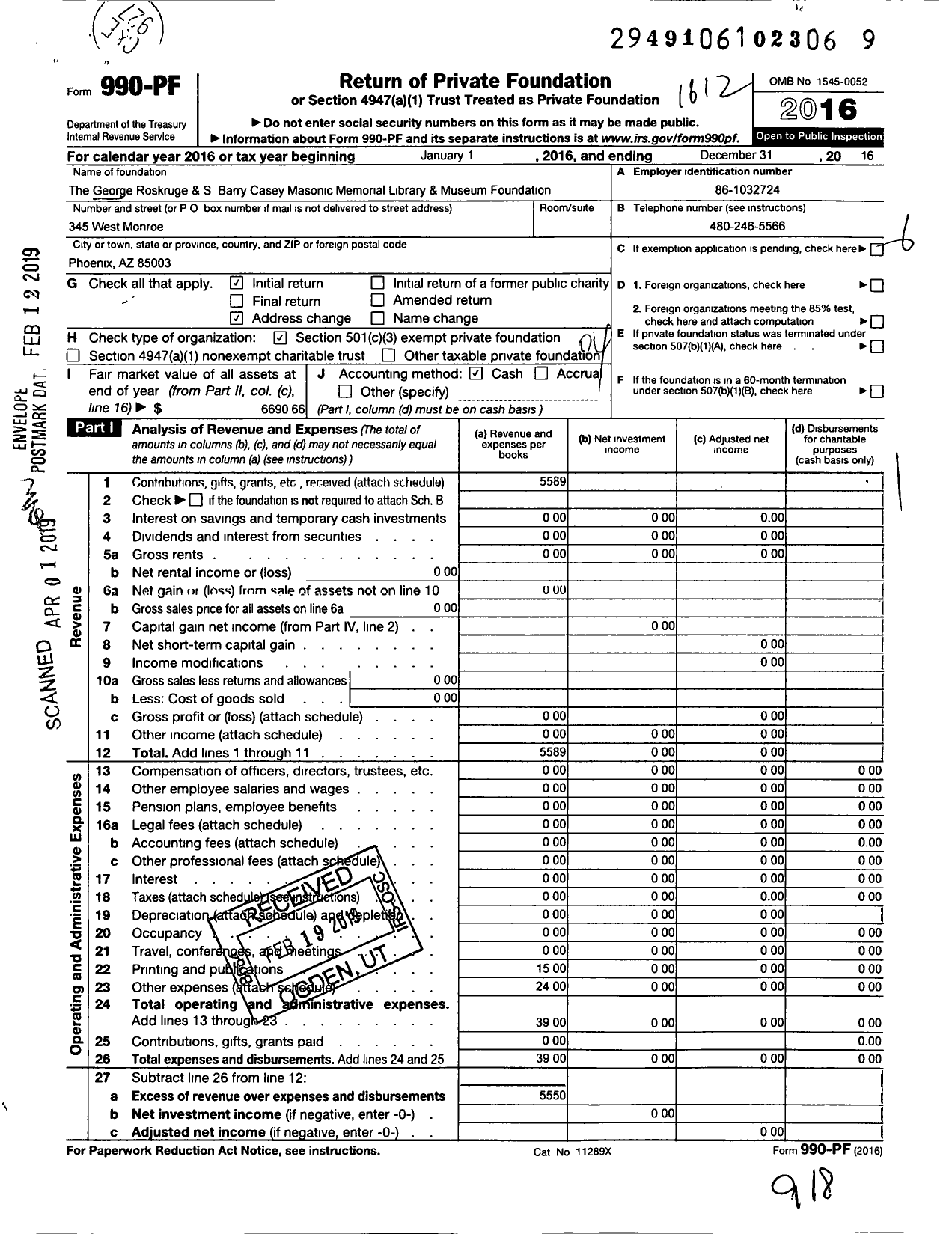 Image of first page of 2016 Form 990PF for George Roskruge and S Barry Casey Masonic Memorial Library and Museum Foundation