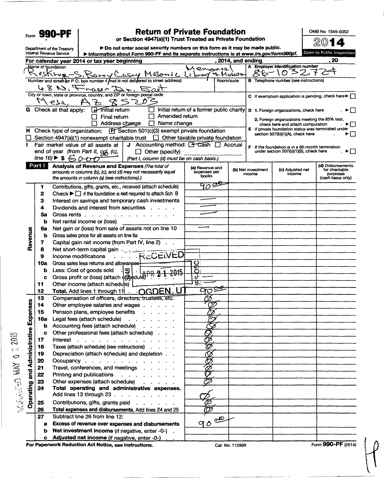 Image of first page of 2014 Form 990PF for George Roskruge and S Barry Casey Masonic Memorial Library and Museum Foundation