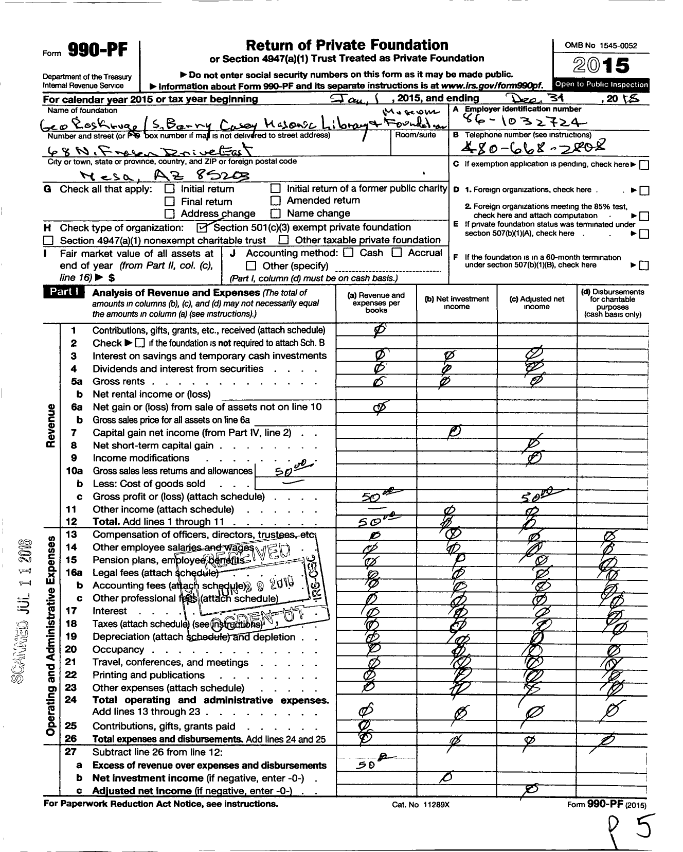 Image of first page of 2015 Form 990PF for George Roskruge and S Barry Casey Masonic Memorial Library and Museum Foundation