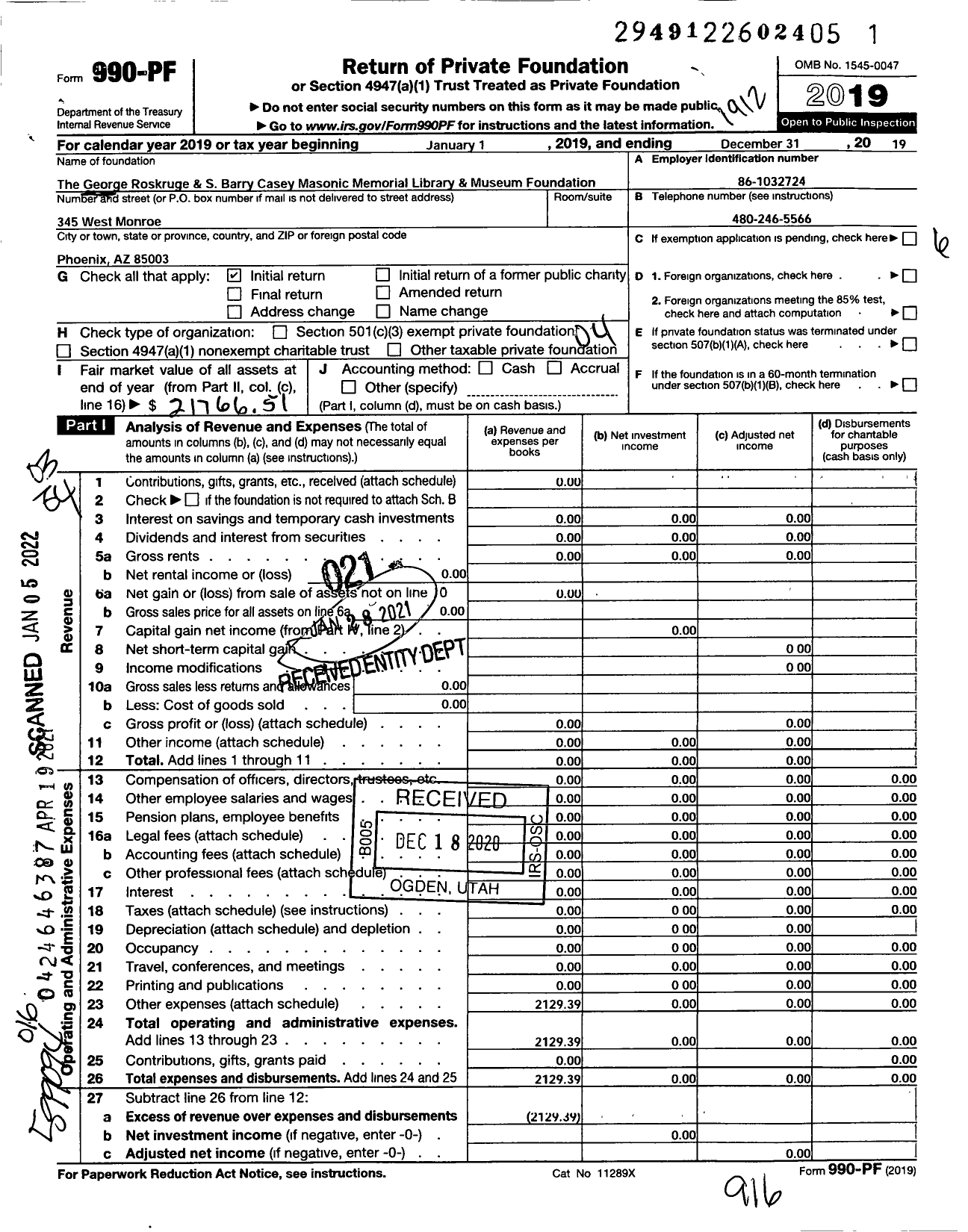 Image of first page of 2019 Form 990PF for George Roskruge and S Barry Casey Masonic Memorial Library and Museum Foundation