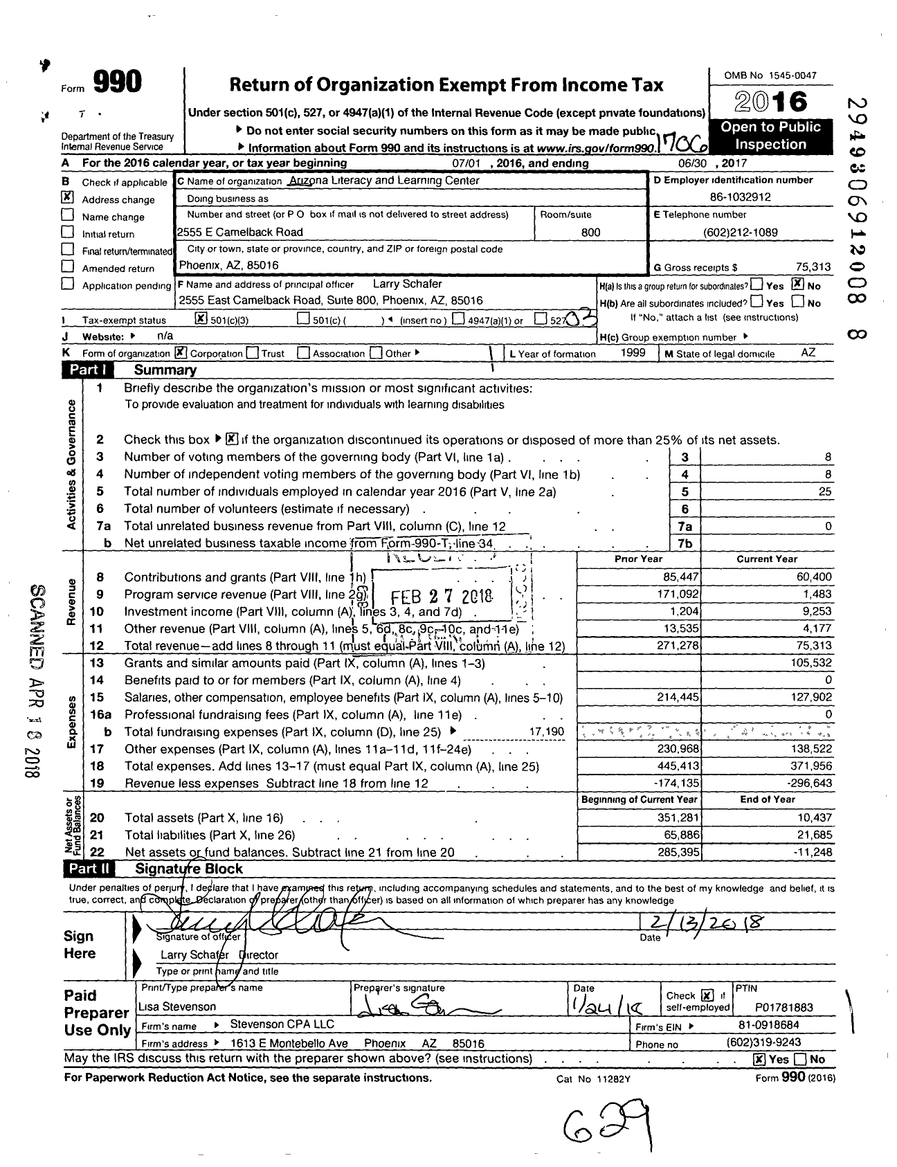Image of first page of 2016 Form 990 for Arizona Literacy and Learning Center
