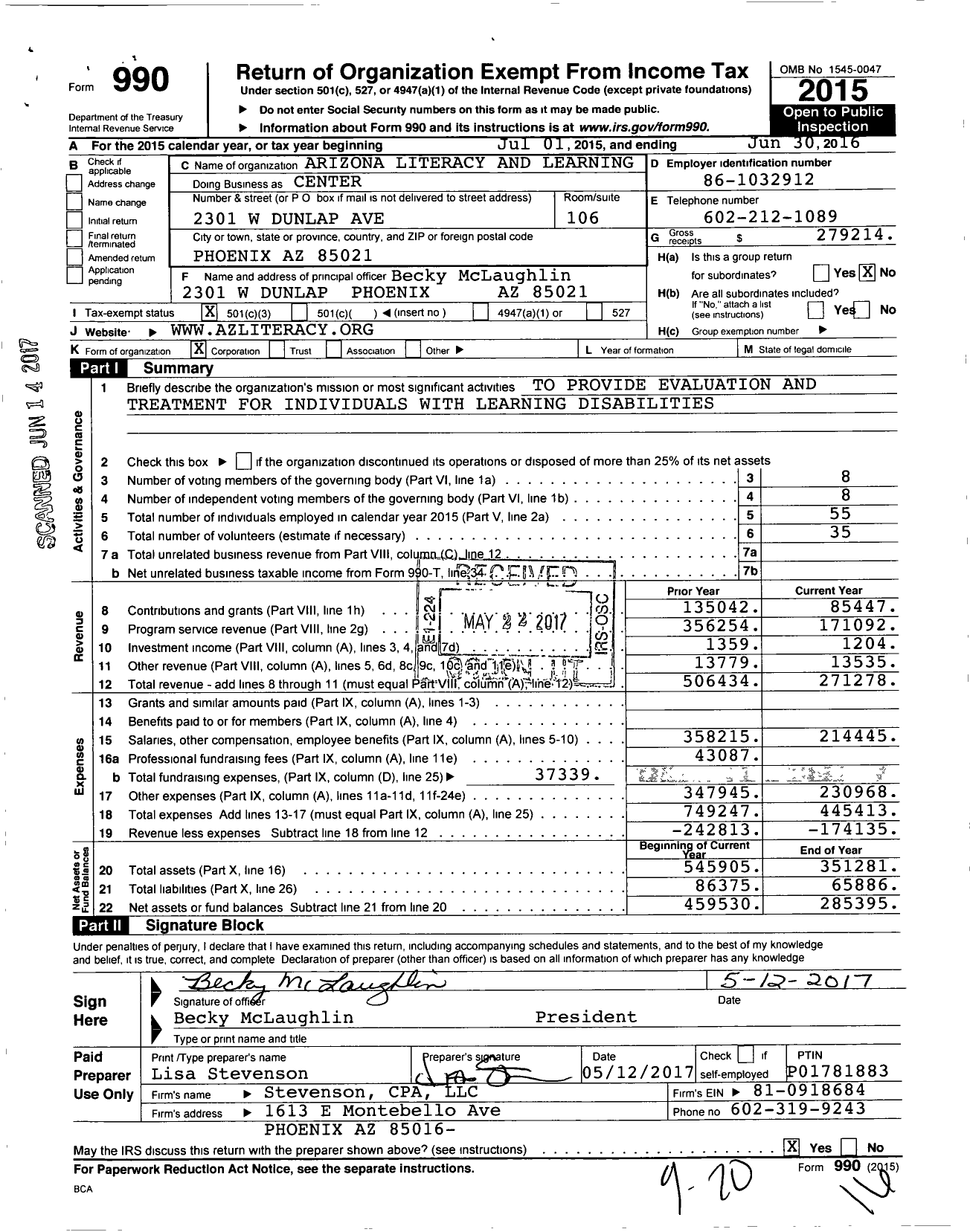 Image of first page of 2015 Form 990 for Arizona Literacy and Learning Center