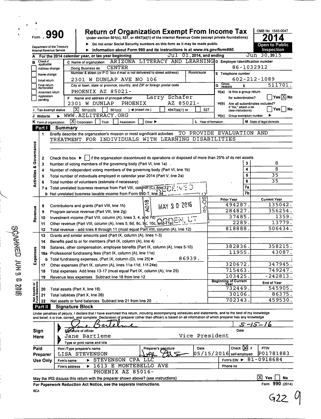 Image of first page of 2014 Form 990 for Arizona Literacy and Learning Center