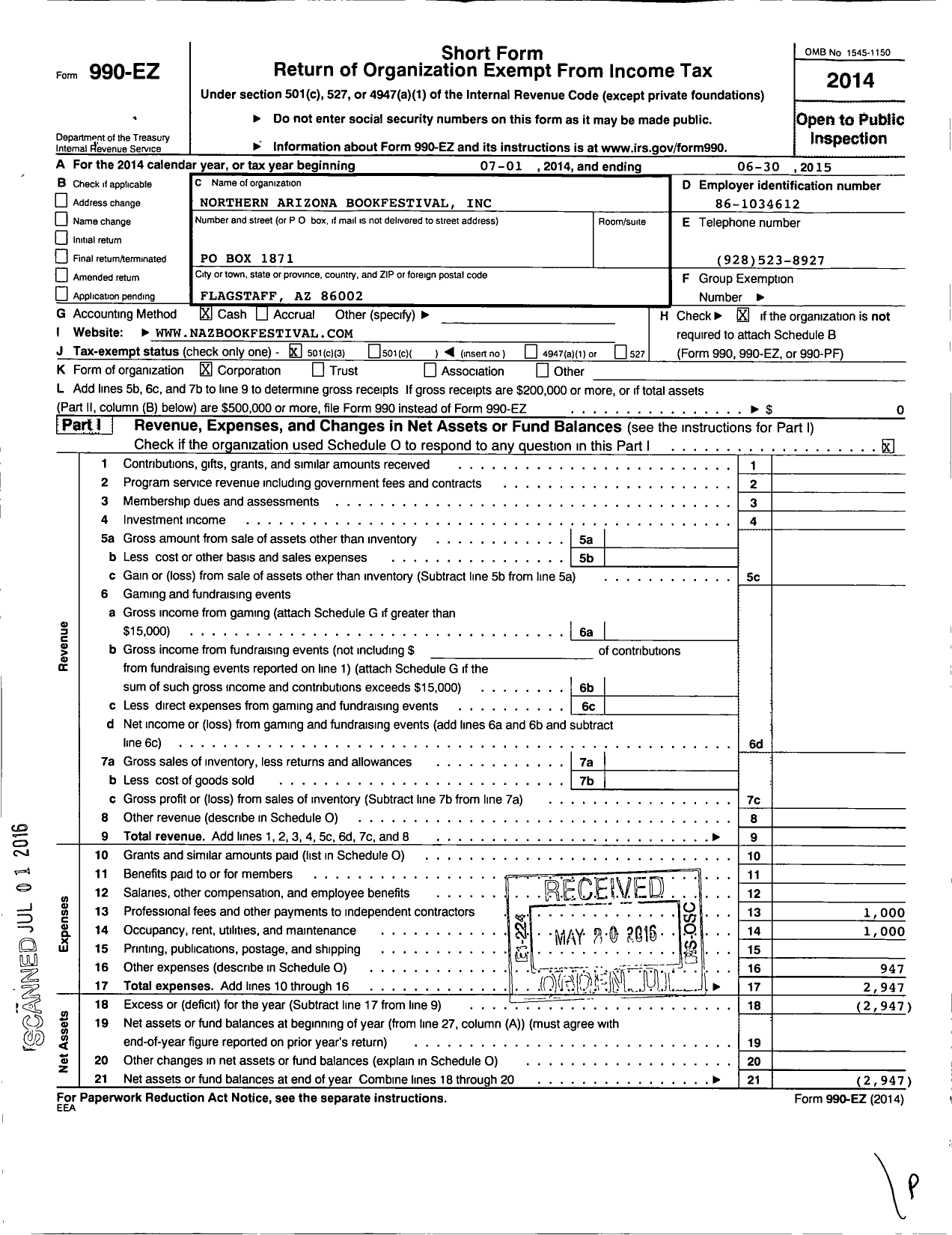 Image of first page of 2014 Form 990EZ for Northern Arizona Bookfestival