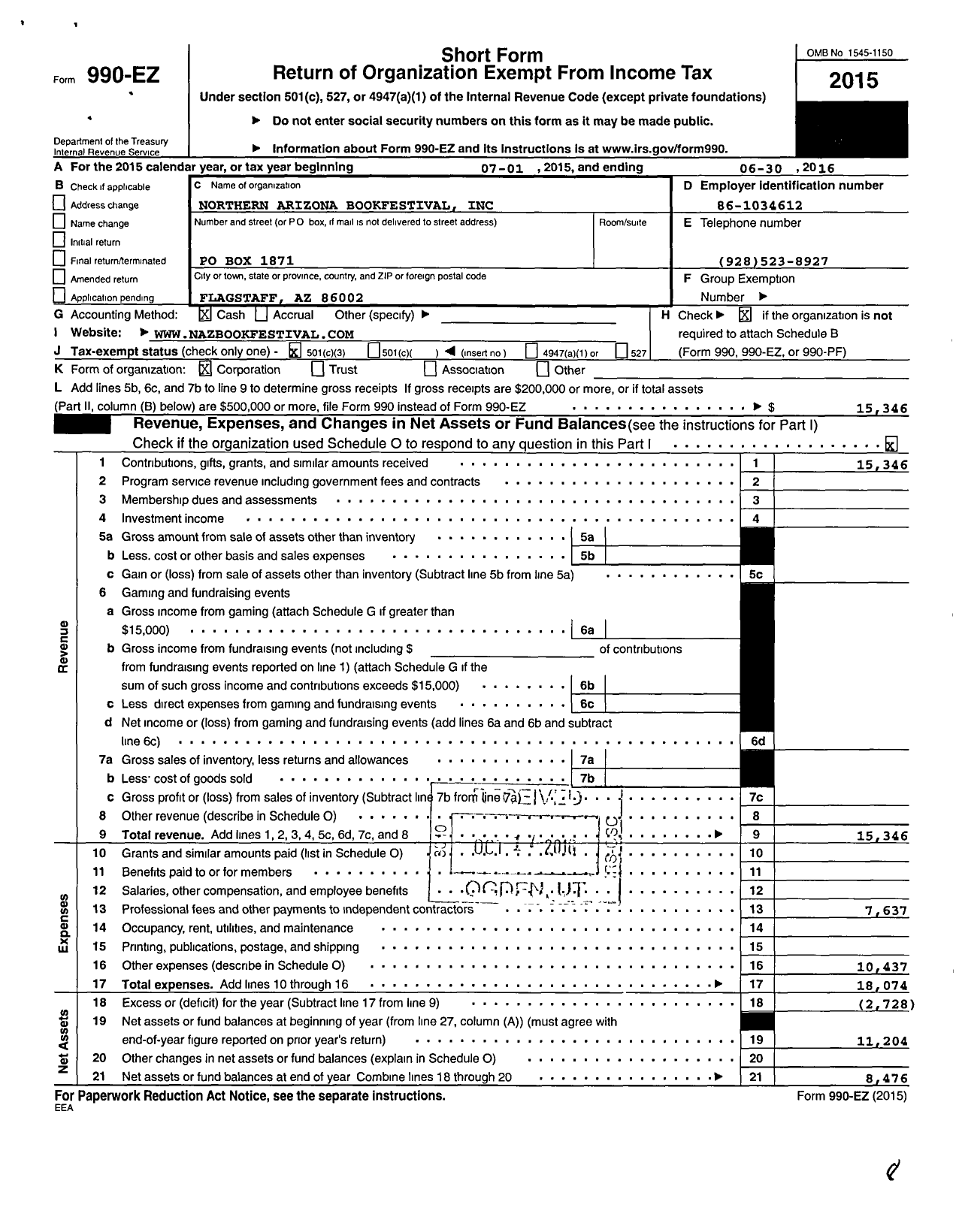 Image of first page of 2015 Form 990EZ for Northern Arizona Bookfestival