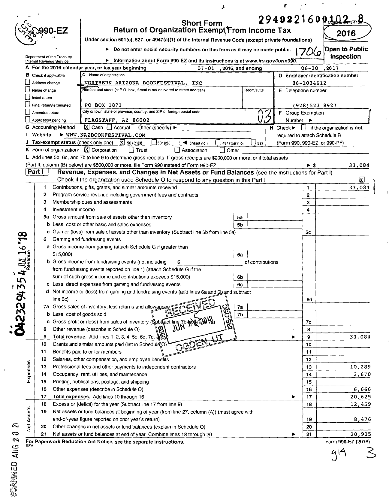 Image of first page of 2016 Form 990EZ for Northern Arizona Bookfestival