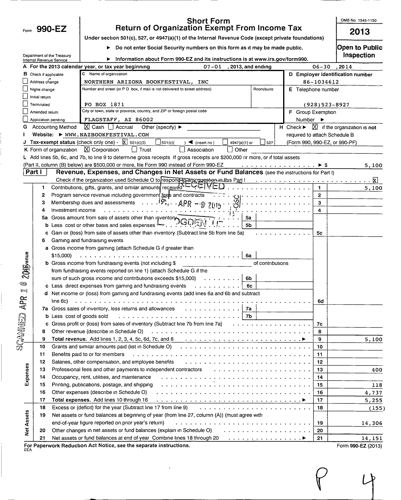 Image of first page of 2013 Form 990EZ for Northern Arizona Bookfestival