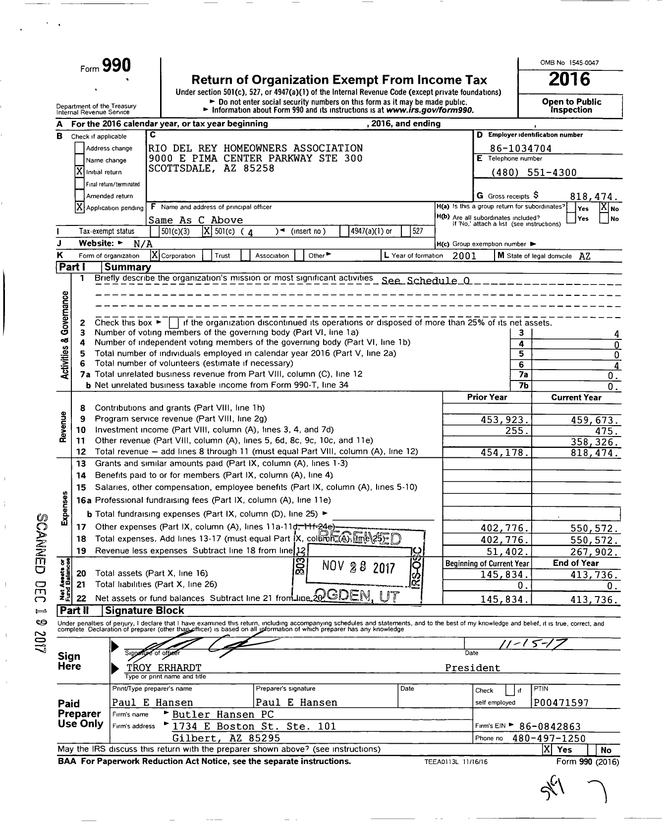 Image of first page of 2016 Form 990O for Rio Del Rey Homeowners Association