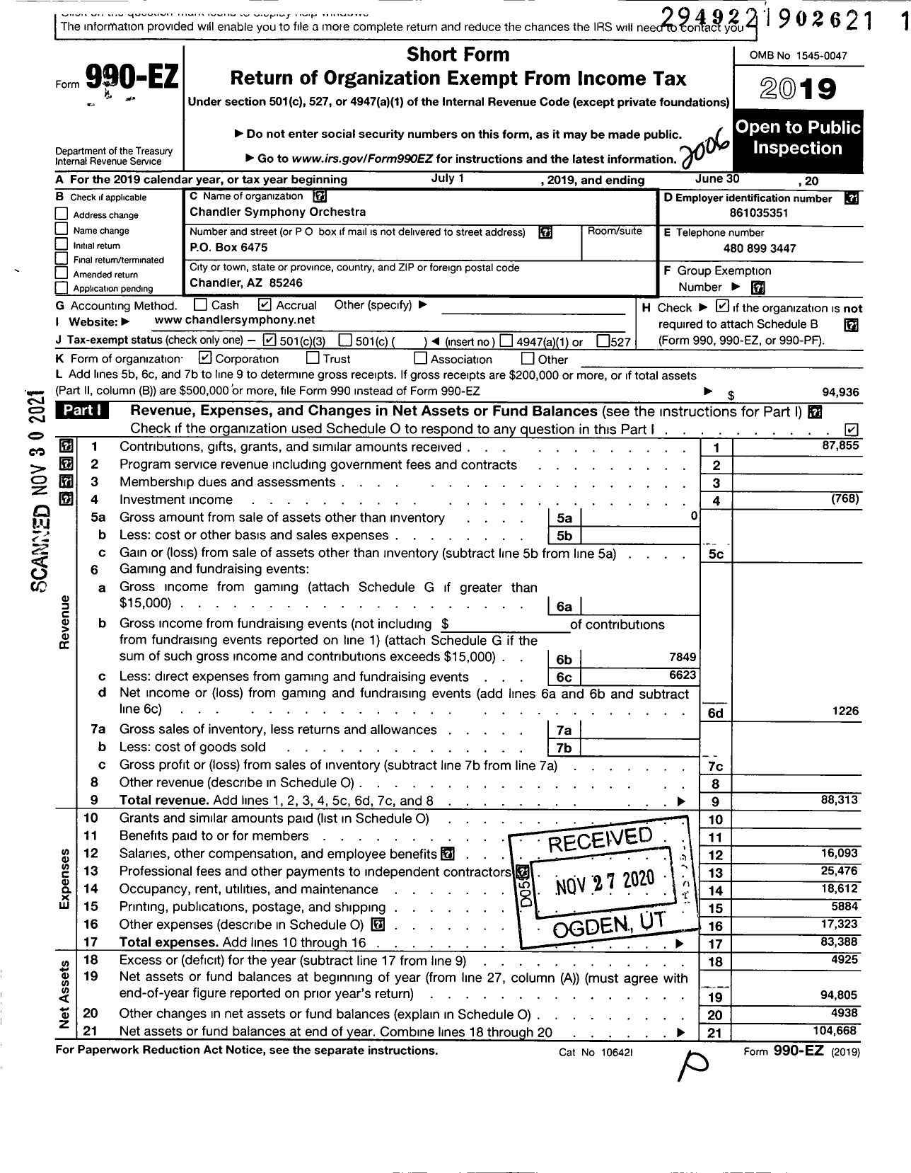 Image of first page of 2019 Form 990EZ for Chandler Symphony Orchestra