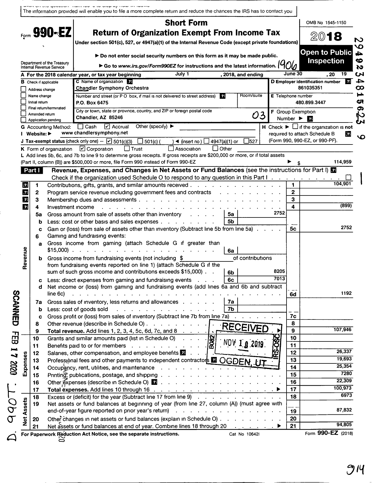 Image of first page of 2018 Form 990EZ for Chandler Symphony Orchestra