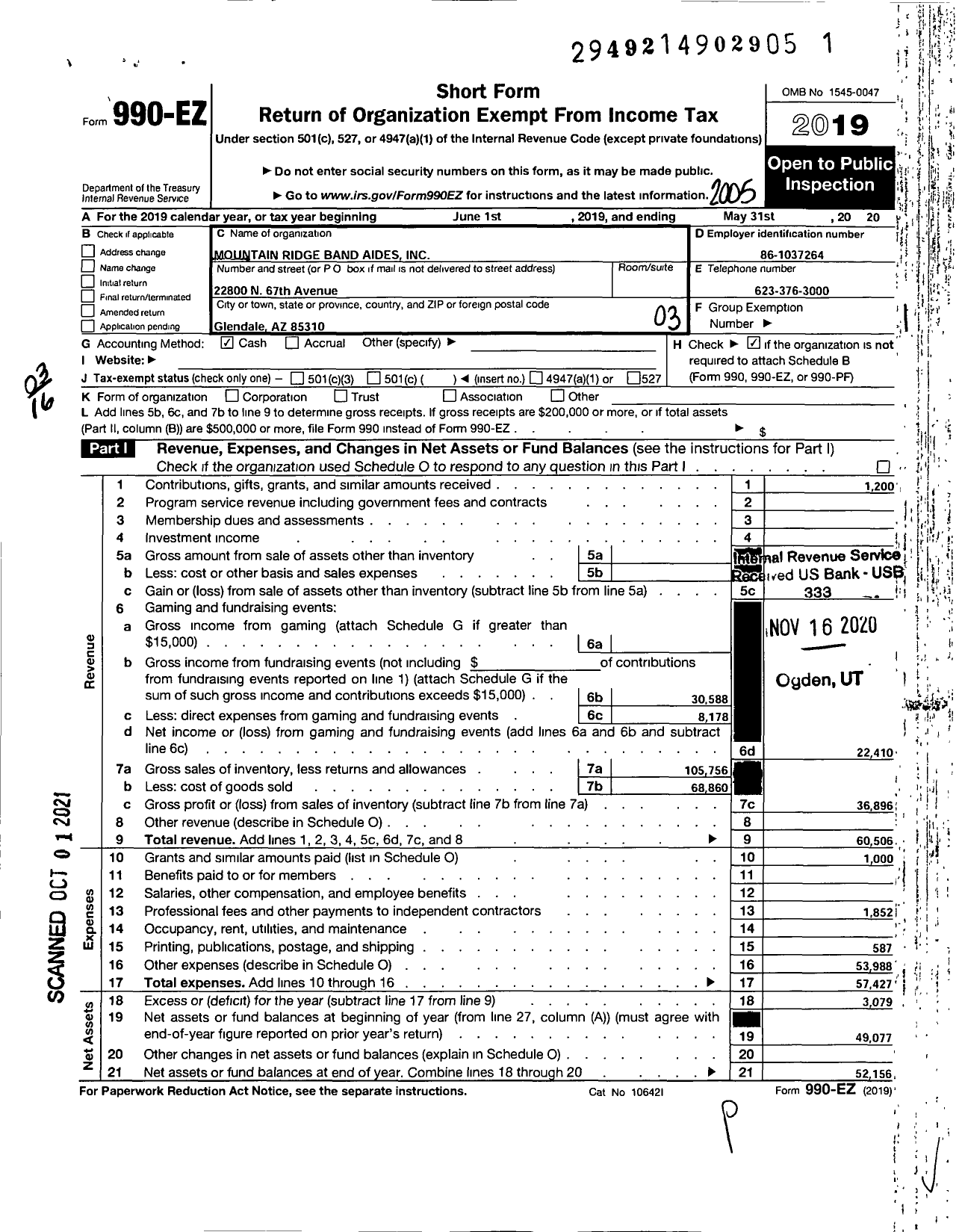 Image of first page of 2019 Form 990EZ for Mountain Ridge Band Aides