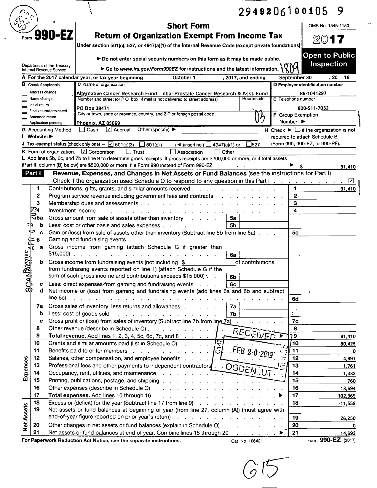 Image of first page of 2017 Form 990EZ for Prostate Cancer Research and Assistance Fund