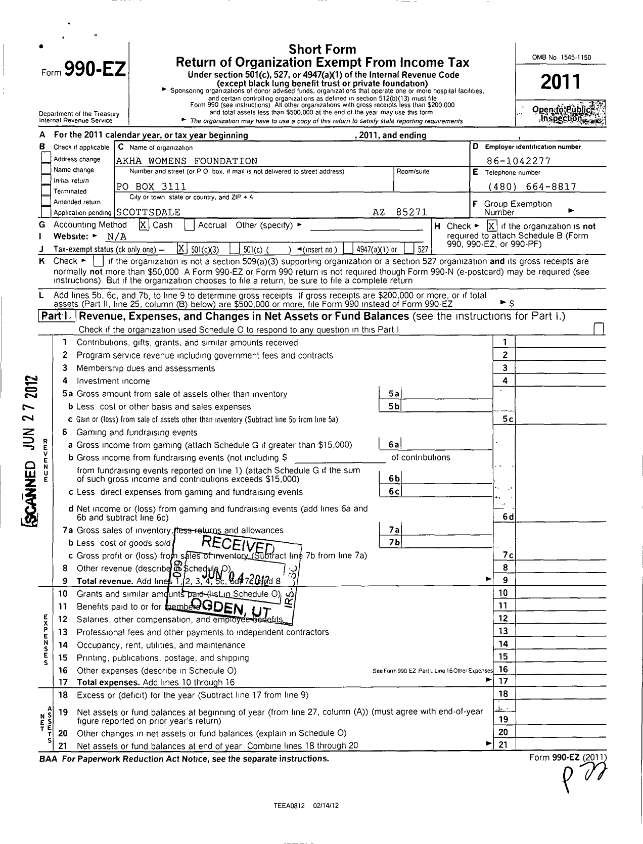 Image of first page of 2011 Form 990EZ for Akha Womens Foundation