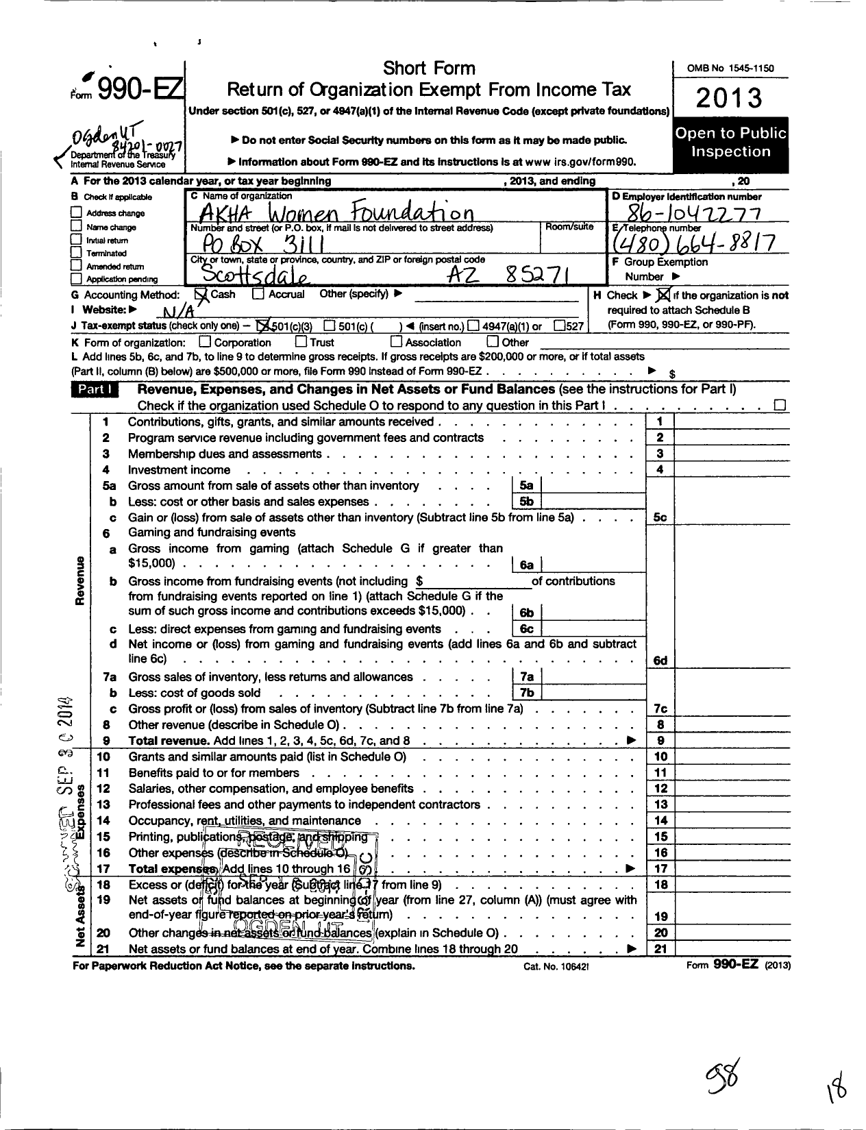 Image of first page of 2013 Form 990EZ for Akha Womens Foundation