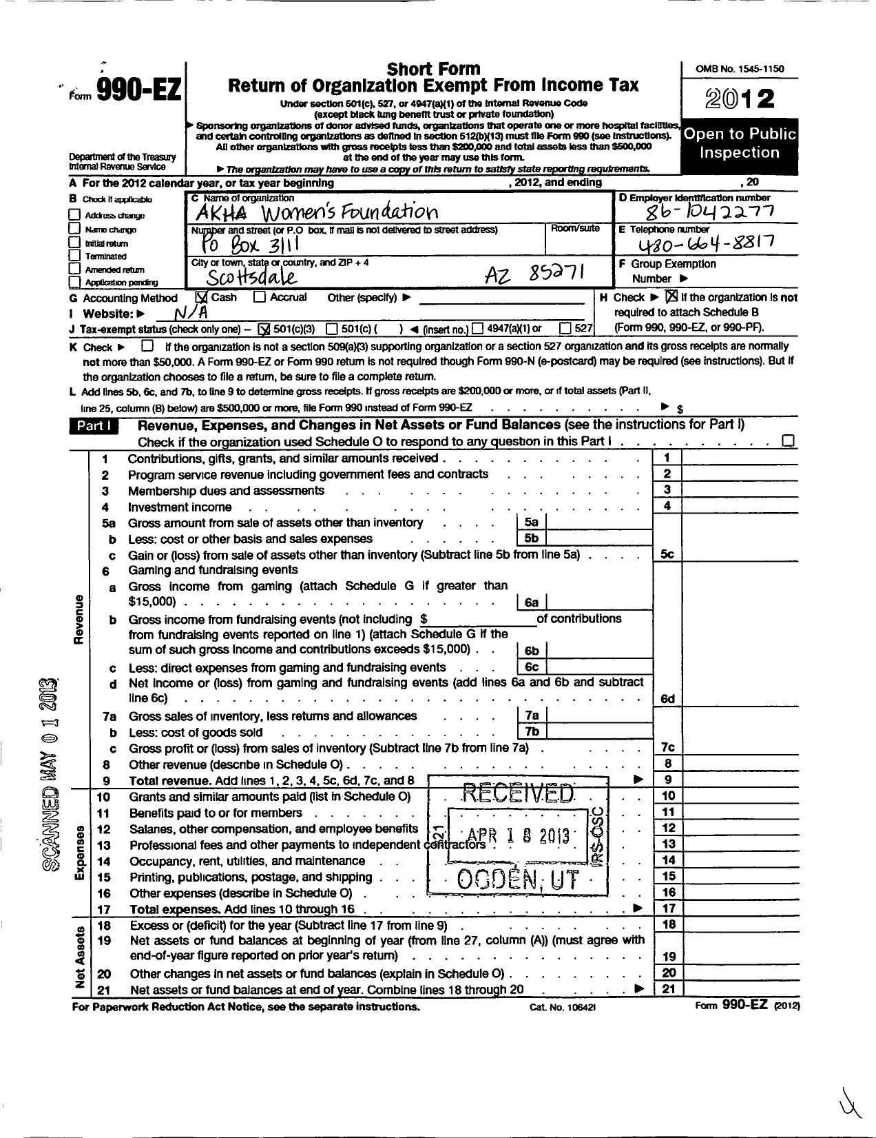 Image of first page of 2012 Form 990EZ for Akha Womens Foundation