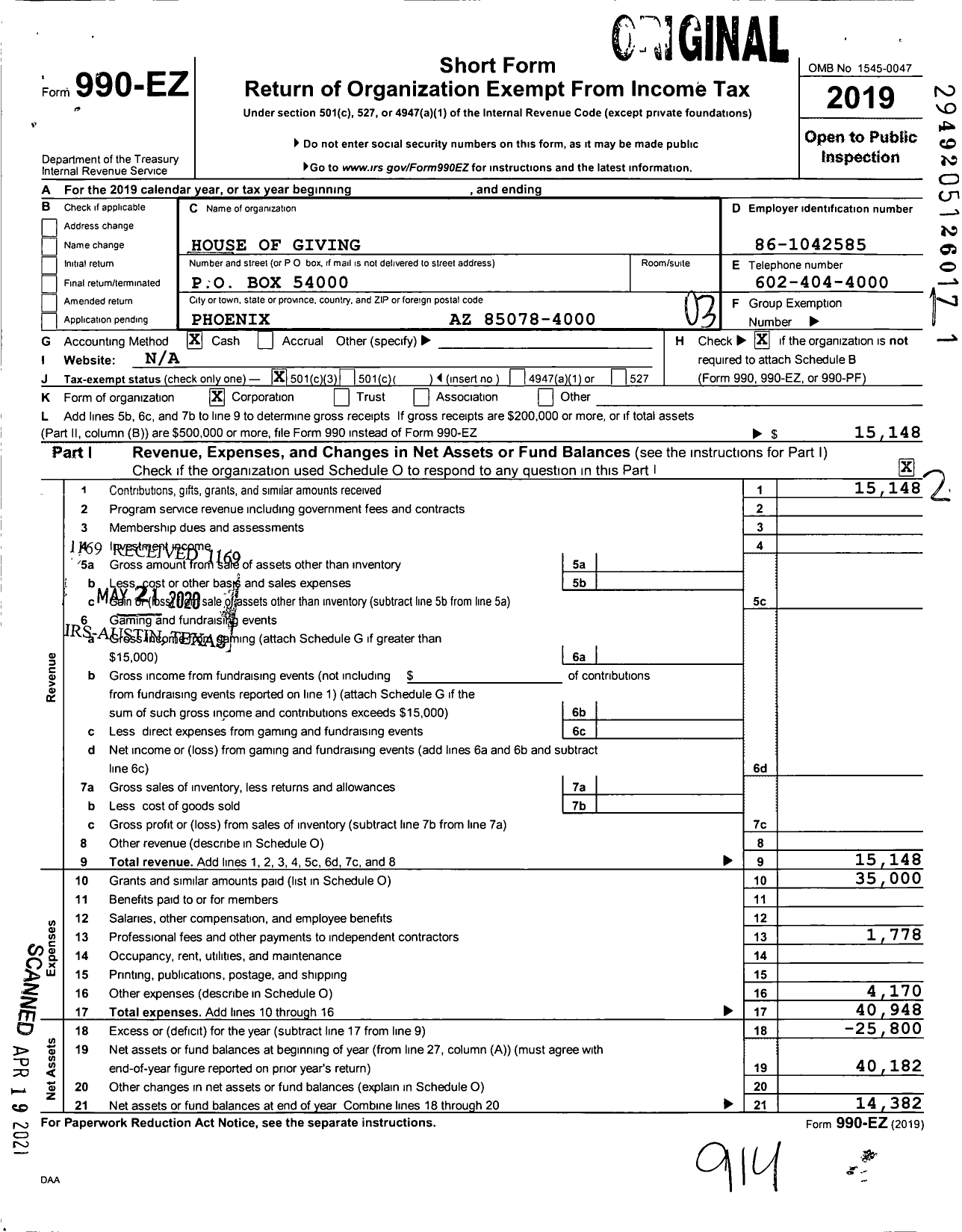 Image of first page of 2019 Form 990EZ for House of Giving