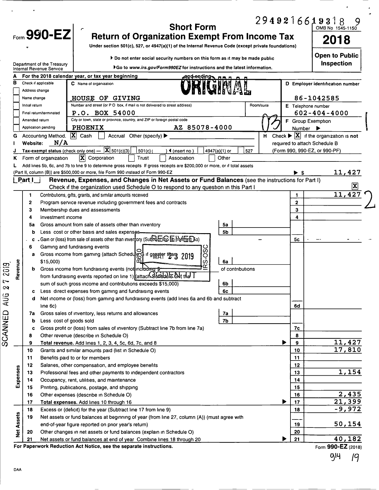 Image of first page of 2018 Form 990EZ for House of Giving