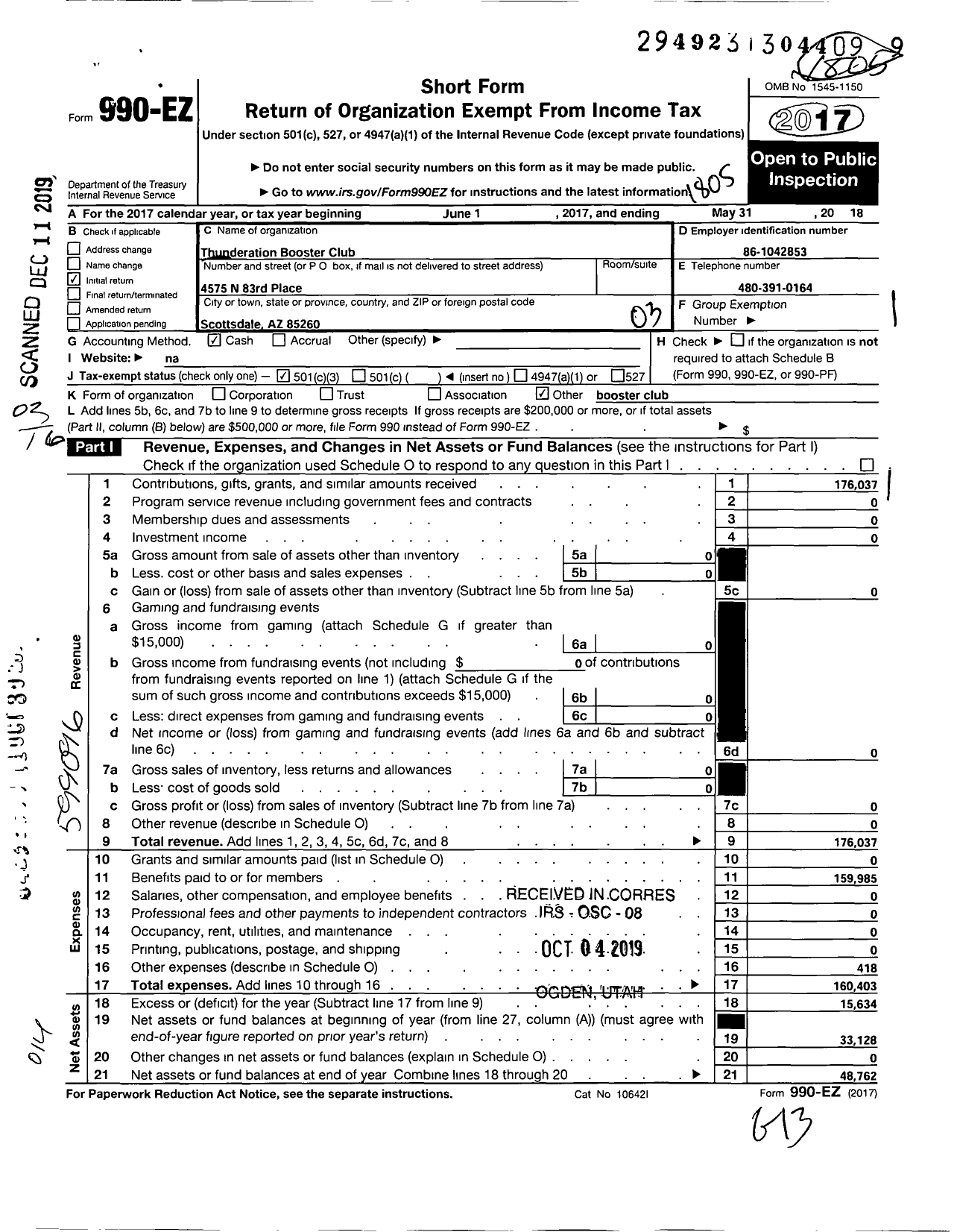 Image of first page of 2017 Form 990EZ for Thunderation Booster Club