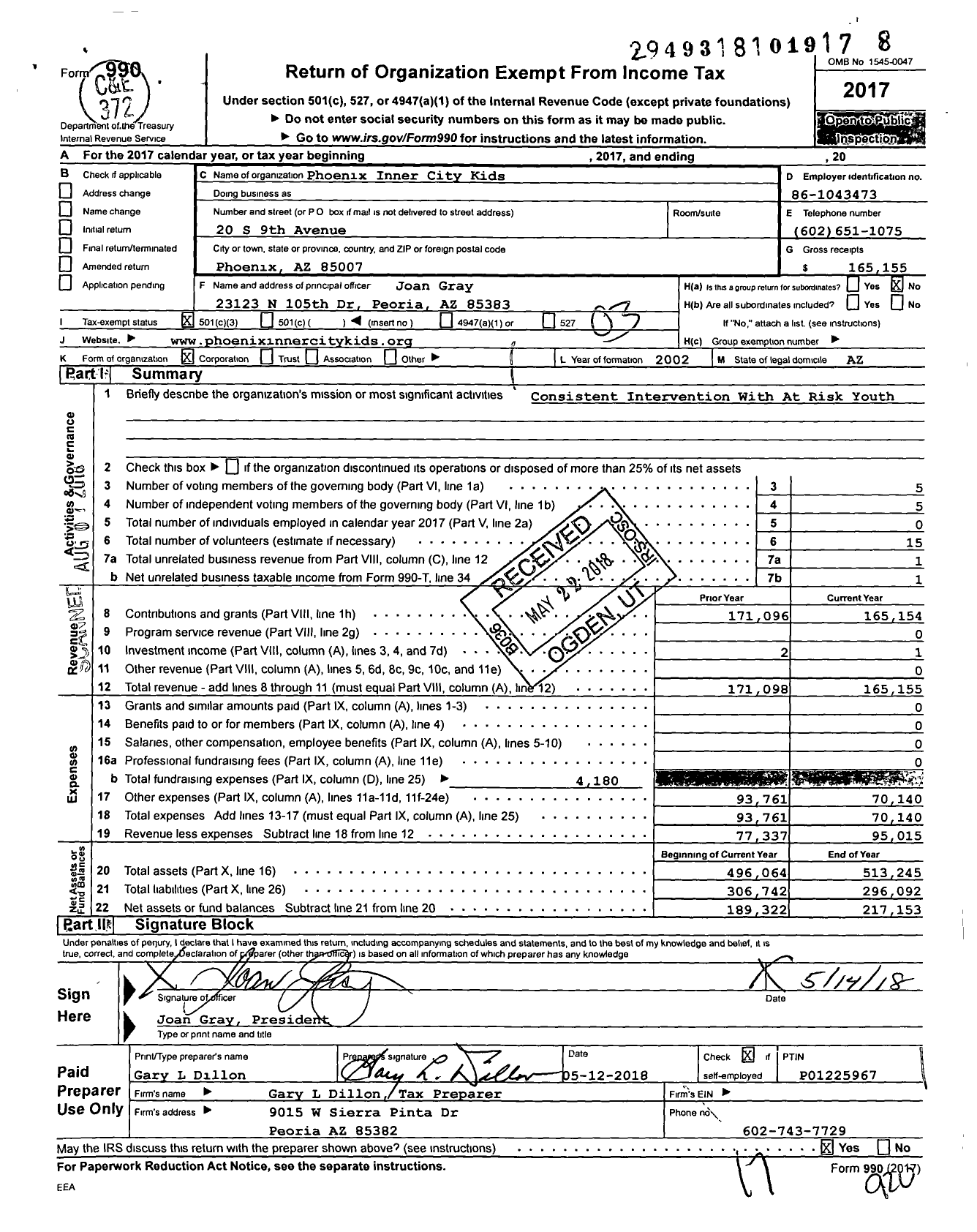 Image of first page of 2017 Form 990 for Phoenix Inner City Kids